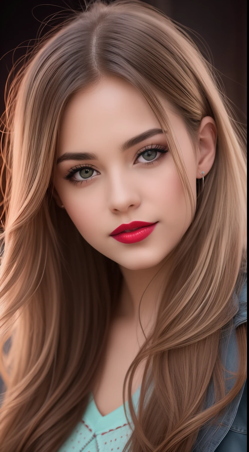 Una mujer joven y hermosa, cabello rubio que cae suavemente en ondas hasta los hombros, altura mediana, Ojos grandes y verdes, piel clara, She's in her pajamas, She's in her bed, Cuidar el cabello antes de acostarse, The environment is illuminated with lights of warm and pleasant colors making your hair shine, Su semblante es naturalmente sereno, lips with red lipstick, textura 8k, Altamente detallado, realista, soft cinematic light, HDR, foco nítido, obra-prima, fotorrealista, rewarded photography, Canon EOS R5, 35 mm