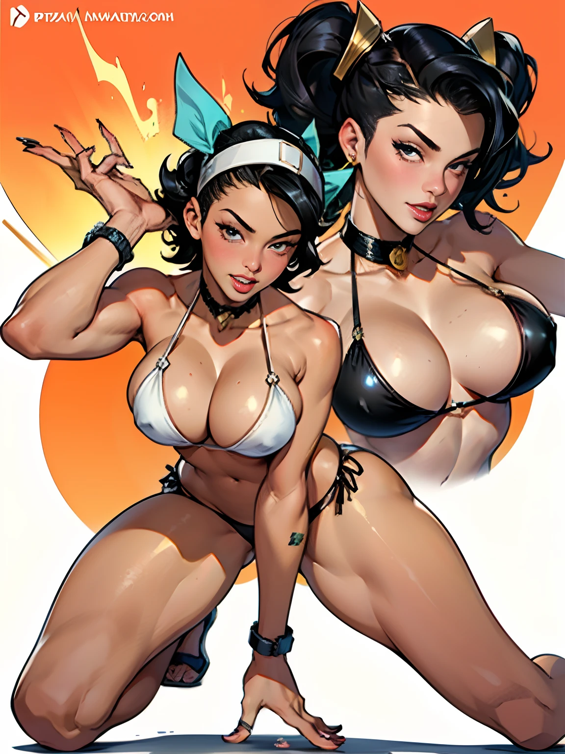 (high quality, best rendering), (beautiful girl), black hair, (bombshell, pin-up style), psychopath, crazy face, sexy pose, 2 piece outfit, pastel, centered, scale to fit dimensions, micro thong, micro bikini, camel toe