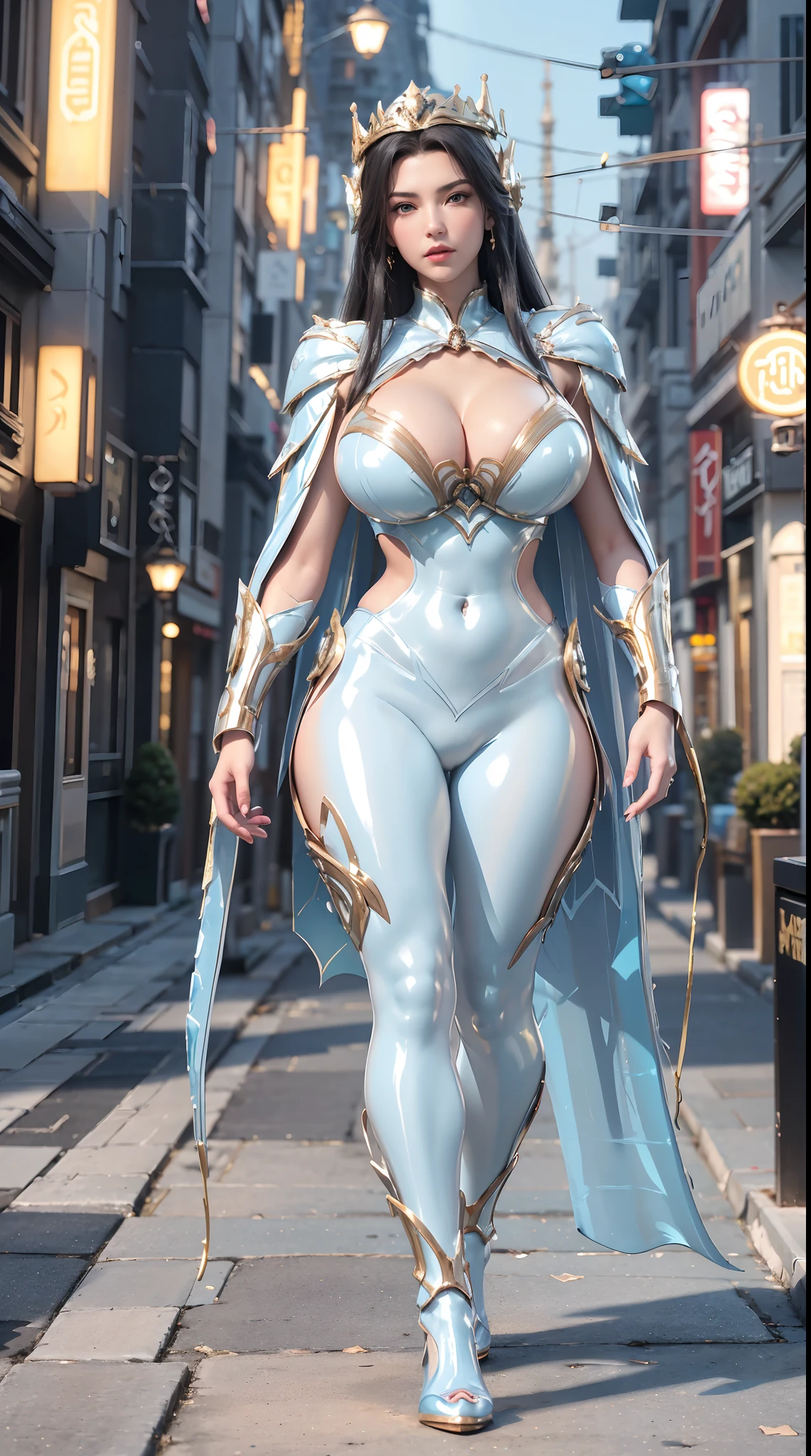 1GIRL, SOLO, (DARK HAIR, DRAGON QUEEN HELM), (HUGE FAKE BOOBS:1.3), (light blue, white, gold, SEXY FUTURISTIC LATEX BRA, ROYAL CAPE, CLEAVAGE:1.5), (SKINTIGHT YOGA PANTS, HIGH HEELS:1.2), (SEXY BODY, SEXY LONG LEGS, FULL BODY:1.3), (FROM FRONT, LOOKING AT VIEWER), (WALKING DOWN ON STREET NIGHT CITY:1.3), ULTRA HIGHT DEFINITION, 8K, 1080P.