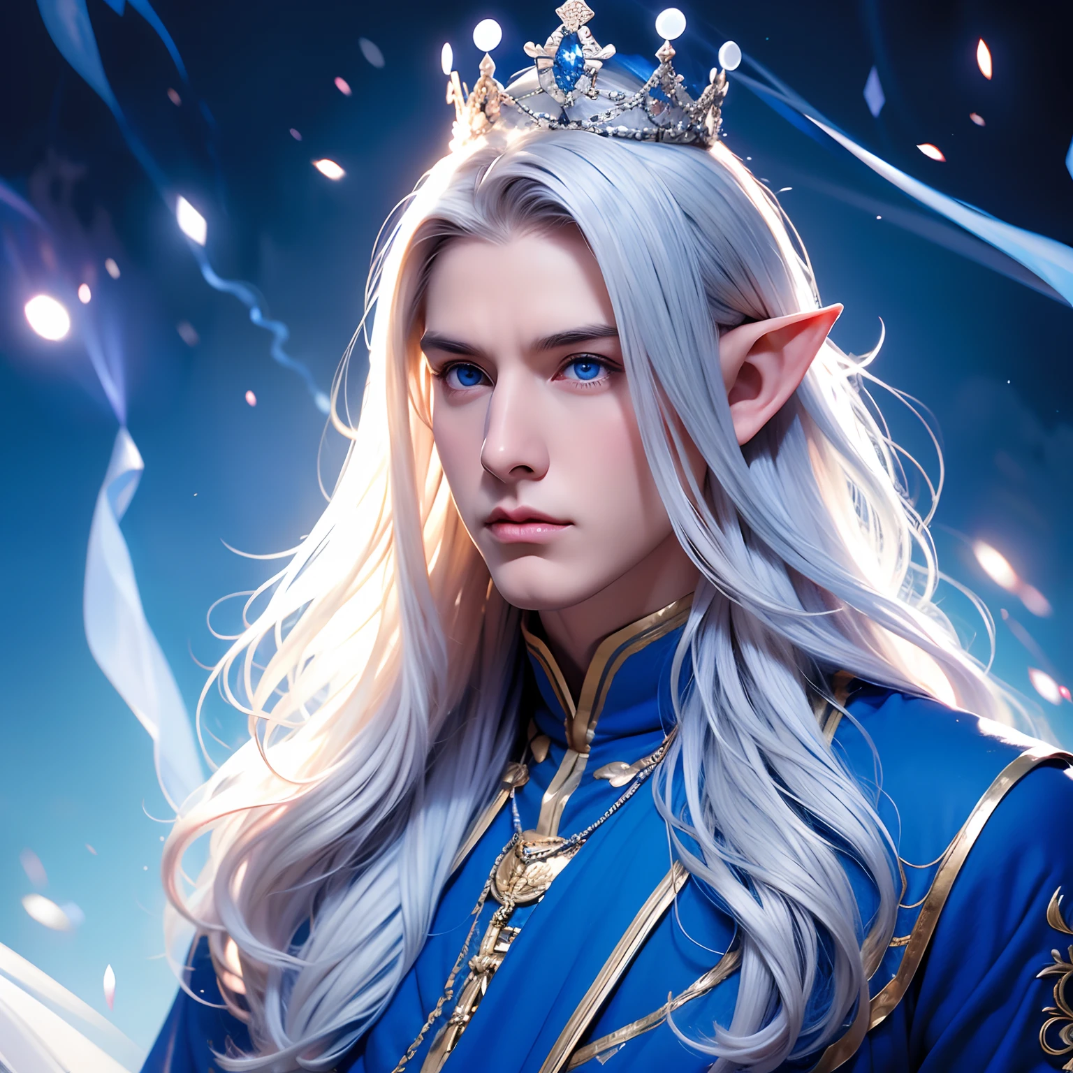 Elf, Man, boy, young, young, long hair, white hair, blue eyes, crown, King, strong, strong man, sexy, full body, magical background, magic around, powers around, cute, Inside the castle