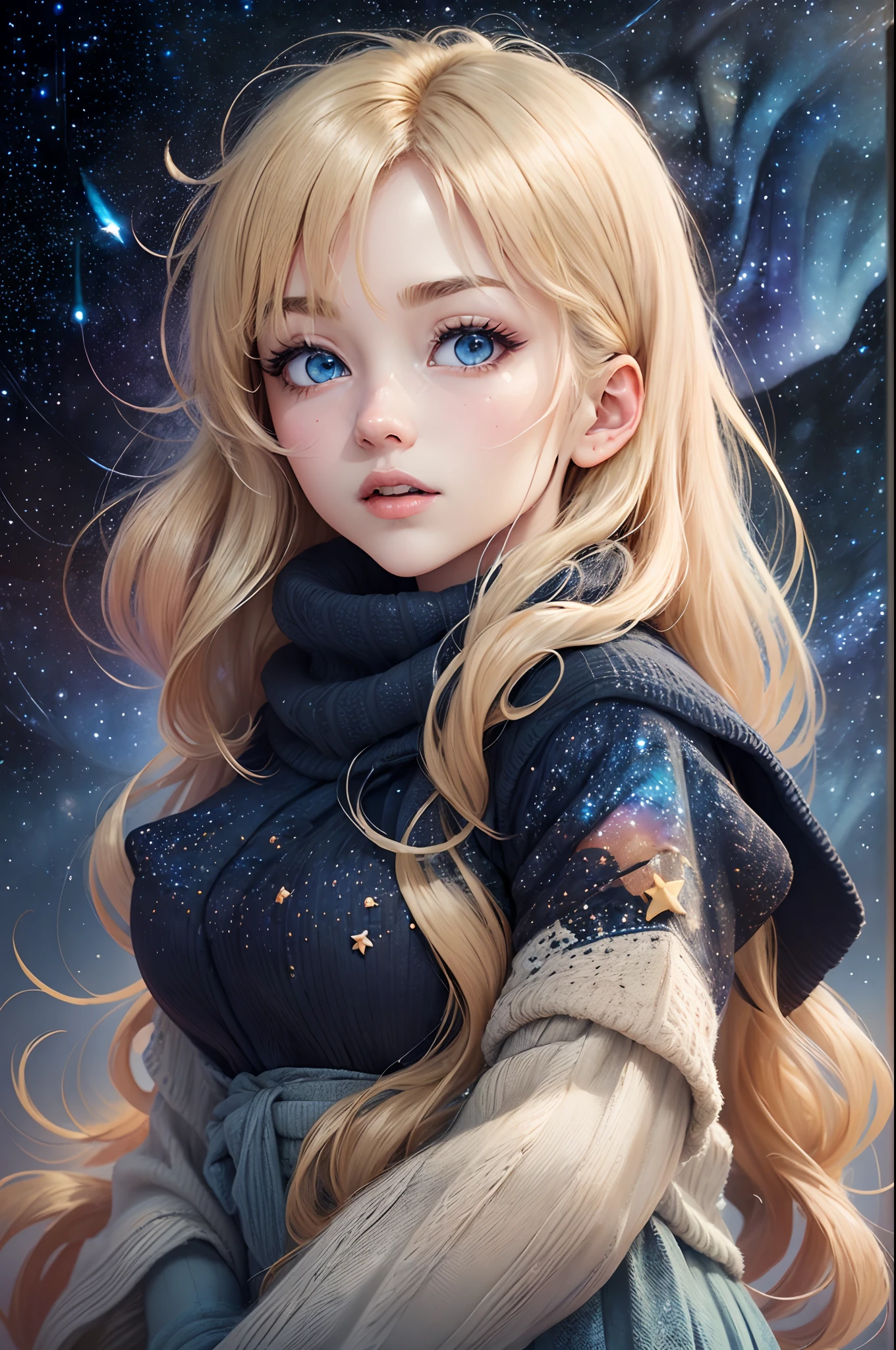 ((Finest quality)),(超A high resolution),(ultra-detailliert),(Meticulous portrayal),((Best CG)),(Finest works of art),Ultra-Precision Art,The art of astounding depiction, (Cold air in winter:1.8,),(night sky full of stars:1.8),shooting stars:1.3, (1人の女性:1.5),Looking up at the starry sky:1.5,knitted sweater,long skirt, (wavy flaxen hair) ,Beautiful light blue eyes