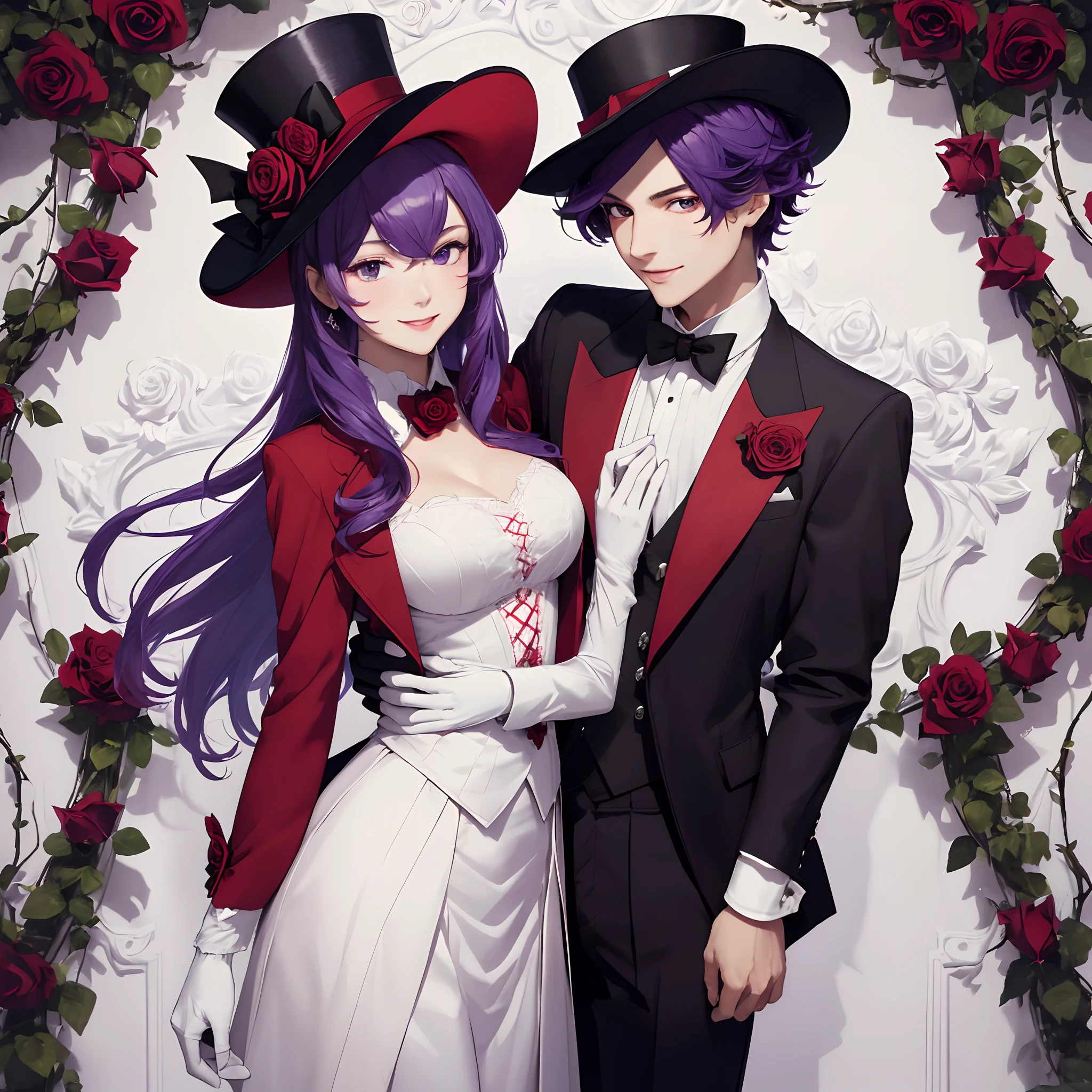 (masterpiece, best quality, highres), furina, hat, smile, gloves, closed mouth, upper body, brooch, waist bow, red suit, ahoge, white shirt, open clothes, roses, , (top hat with rose on the side) (1 person) (dark purple colored hair) (rose vines around arms) 
 INFO
