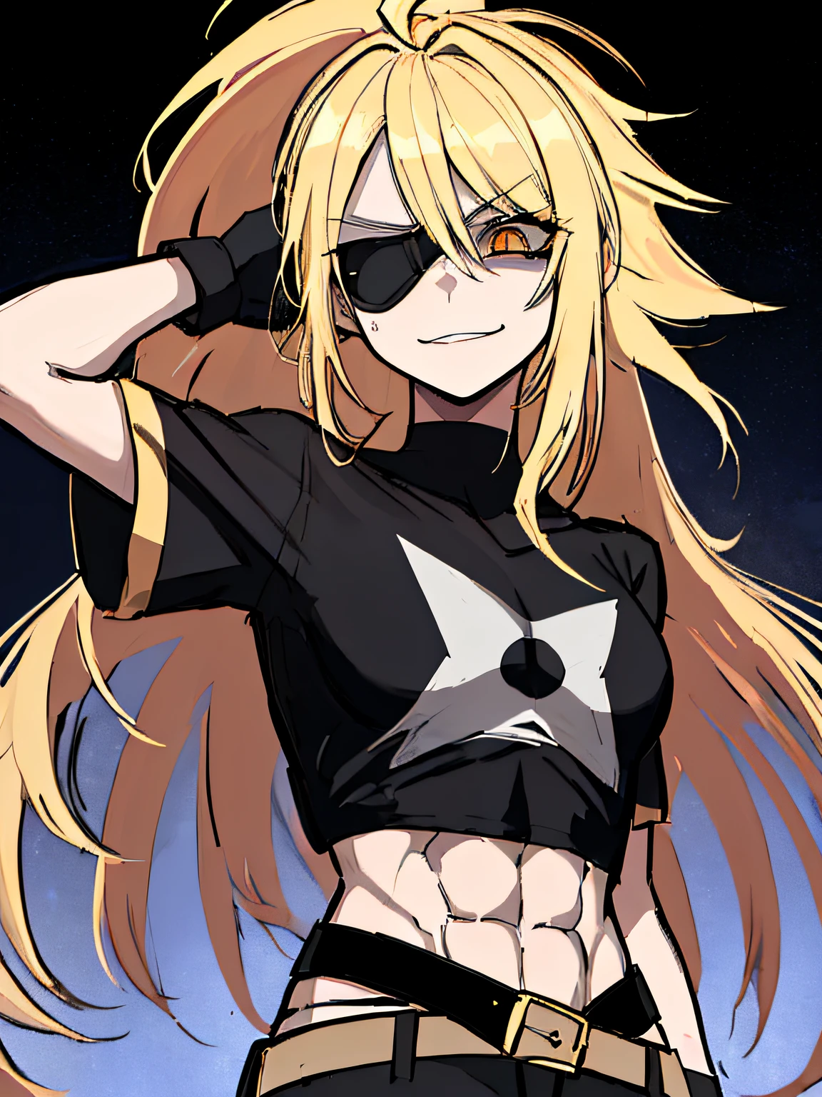 (absurdres, 8k, 4k, masterpiece, hyper extreme detailed:1.2), (masterpiece), best quality, expressive eyes, highres, perfect eyes, 1girl, perfect face, perfect hands, standing, belt, 1girl, blonde hair, eyepatch, perfect anatomy, eyepatch, long hair, platinum blonde hair, muscular, toned body, strong, empty eyes, blank stare, crazy face, crazy eyes, crazy smile, gloves, black t- shirt, small, golden eyes, deadpan, expressionless, shaded face, messy hair, crazy hair, city background, heroic, half body, cowboy shot, night time, stars, night sky, hand on head, abs, midriff,