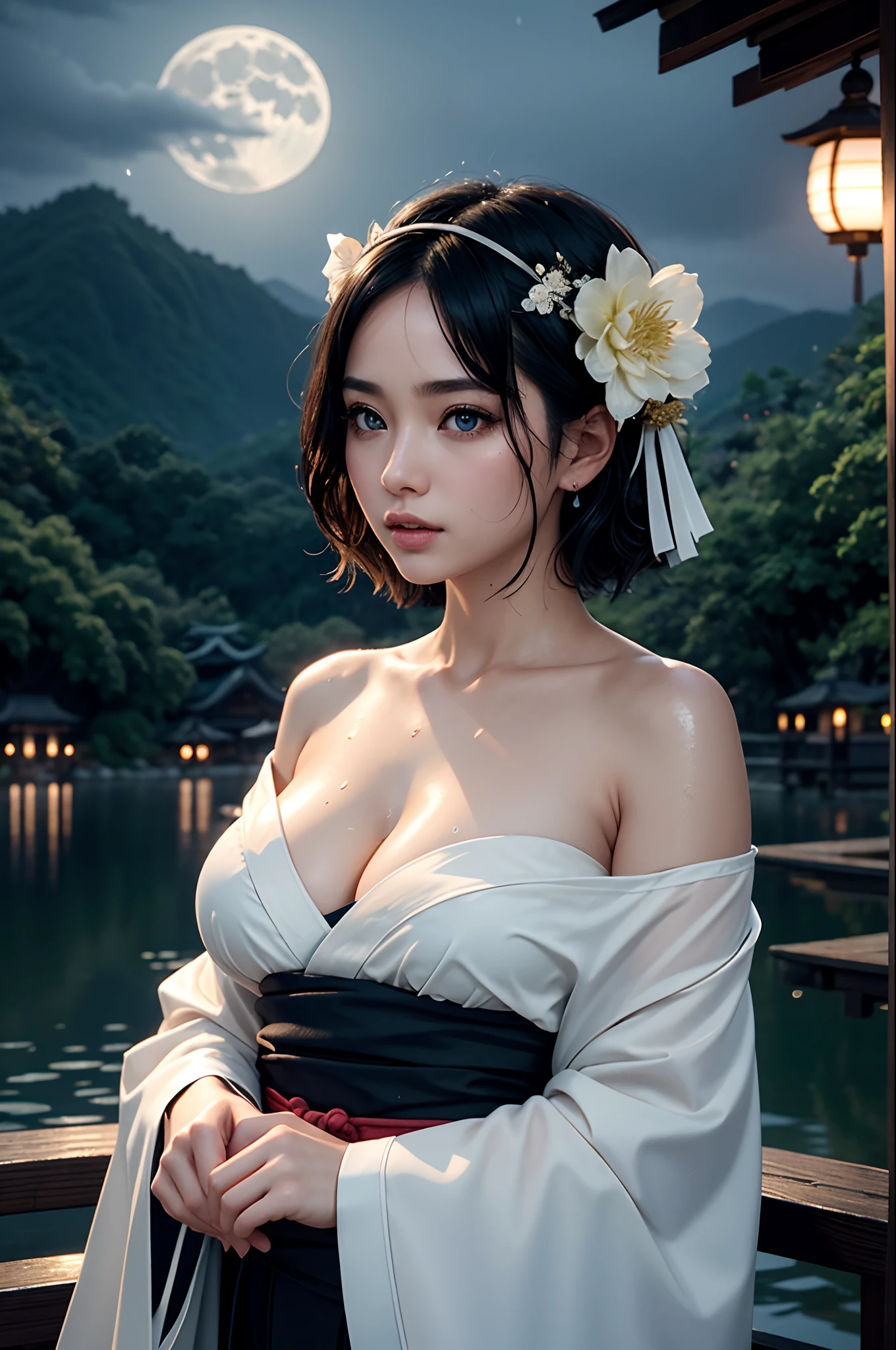 1 woman, breasts, moon, lantern, night, soil, big breasts, hair decoration, wet, kimono, Japanese clothing, water, flower, outdoor, sky, full moon, rain, black hair, off-shoulder, mountain, headband, bare shoulders, paper lantern, standing, white kimono, night sky, side chest, obi, wet clothes, bangs, tree, sideways, reflection, short hair, cloudy sky, wet hair ((巨作)، (Highly detailed background of the CG 8K module), Best Quality, Solo, One Girl, Cinematic Lighting, Detailed Background, Beautiful Detailed Eyes, Shiny Pupils, (Very delicate and beautiful)، (Photography of beautiful and detailed eyes)-Highly detailed, masterpiece,)))،
