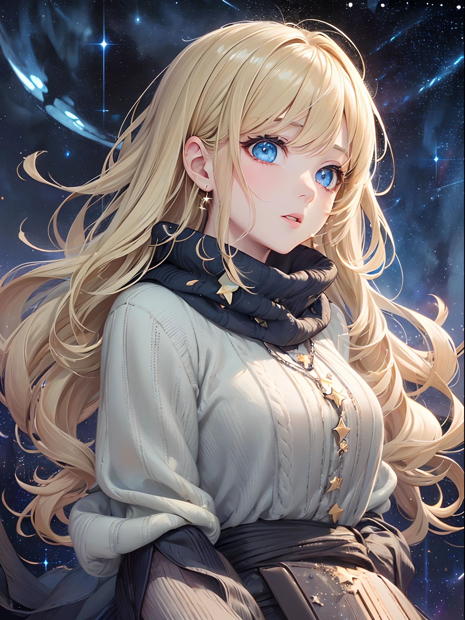 ((Finest quality)),(超A high resolution),(ultra-detailliert),(Meticulous portrayal),((Best CG)),(Finest works of art),Ultra-Precision Art,The art of astounding depiction, (Cold air in winter:1.8,),(night sky full of stars:1.8),shooting stars:1.3, (1人の女性:1.5),Looking up at the starry sky:1.5,knitted sweater,long skirt, (wavy flaxen hair) ,Beautiful light blue eyes