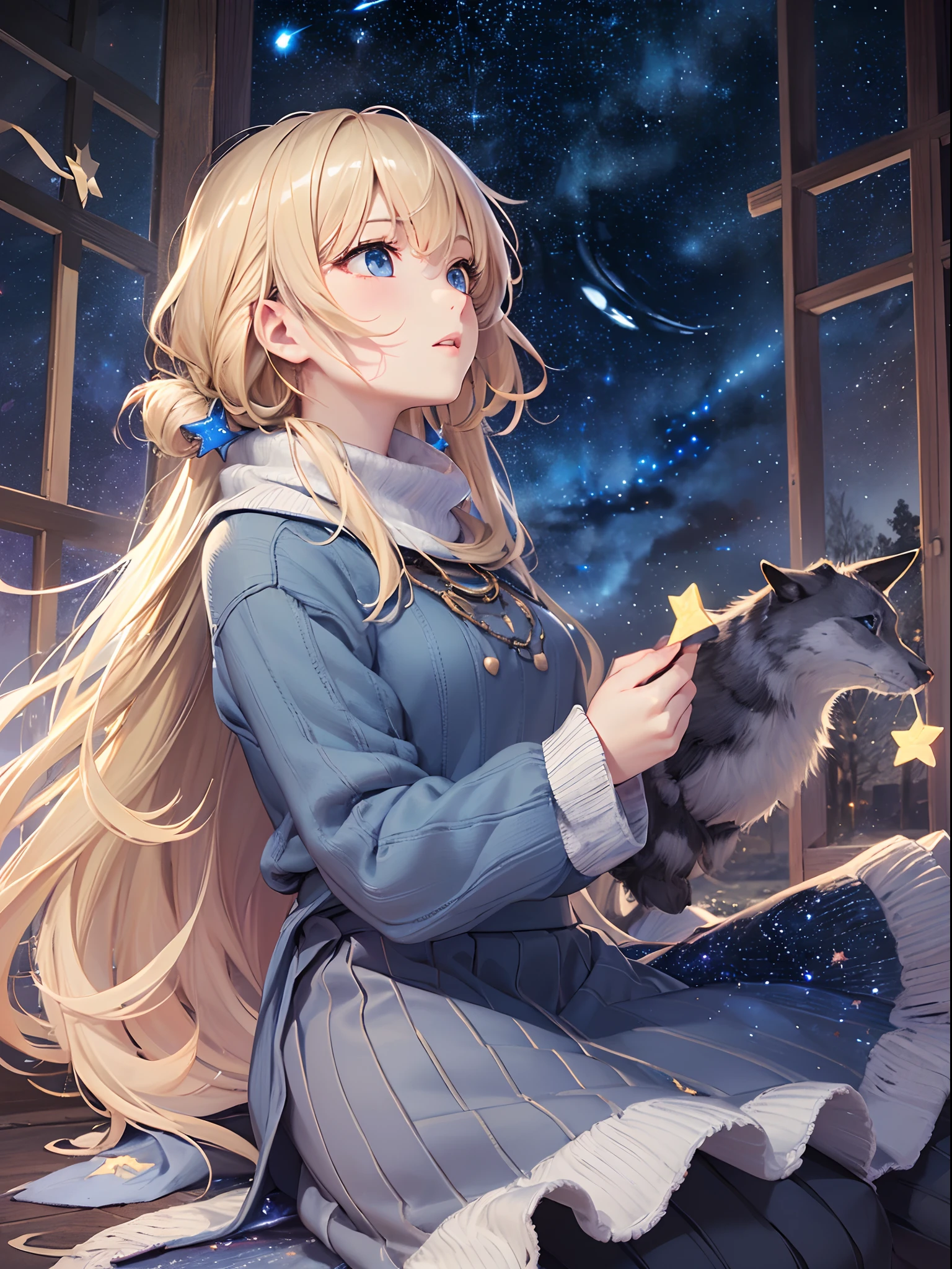 ((Finest quality)),(超A high resolution),(ultra-detailliert),(Meticulous portrayal),((Best CG)),(Finest works of art),Ultra-Precision Art,The art of astounding depiction, (Cold air in winter:1.8,),(night sky full of stars:1.8),shooting stars:1.3, (1人の女性:1.5),Looking up at the starry sky:1.5,knitted sweater,long  skirt, (wavy flaxen hair) ,Beautiful light blue eyes
