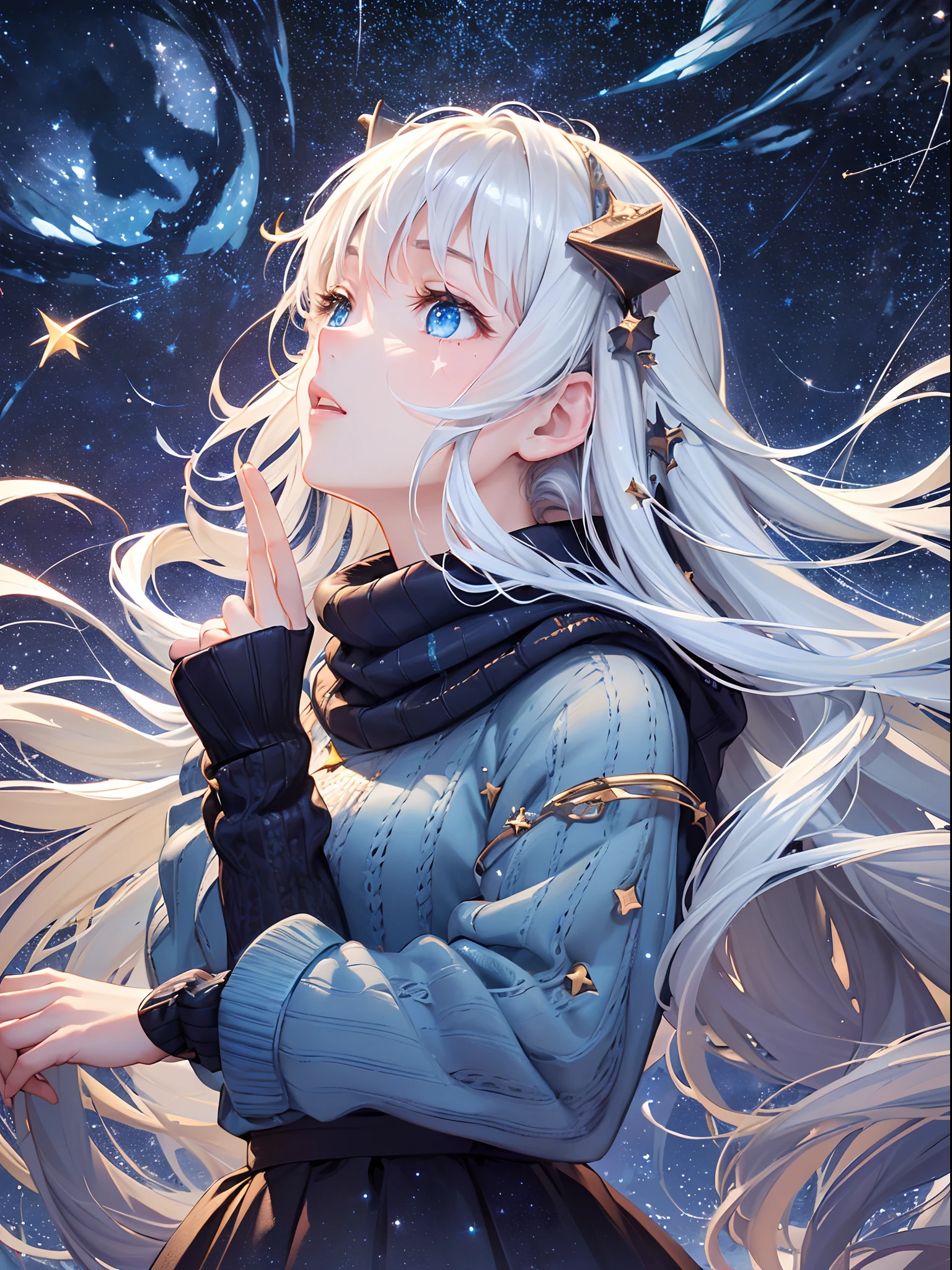 ((Finest quality)),(超A high resolution),(ultra-detailliert),(Meticulous portrayal),((Best CG)),(Finest works of art),Ultra-Precision Art,The art of astounding depiction, (Cold air in winter:1.8,),(night sky full of stars:1.8),shooting stars:1.3, (1人の女性:1.5),Looking up at the starry sky:1.5,knitted sweater,long skirt, (wavy flaxen hair) ,Beautiful light blue eyes