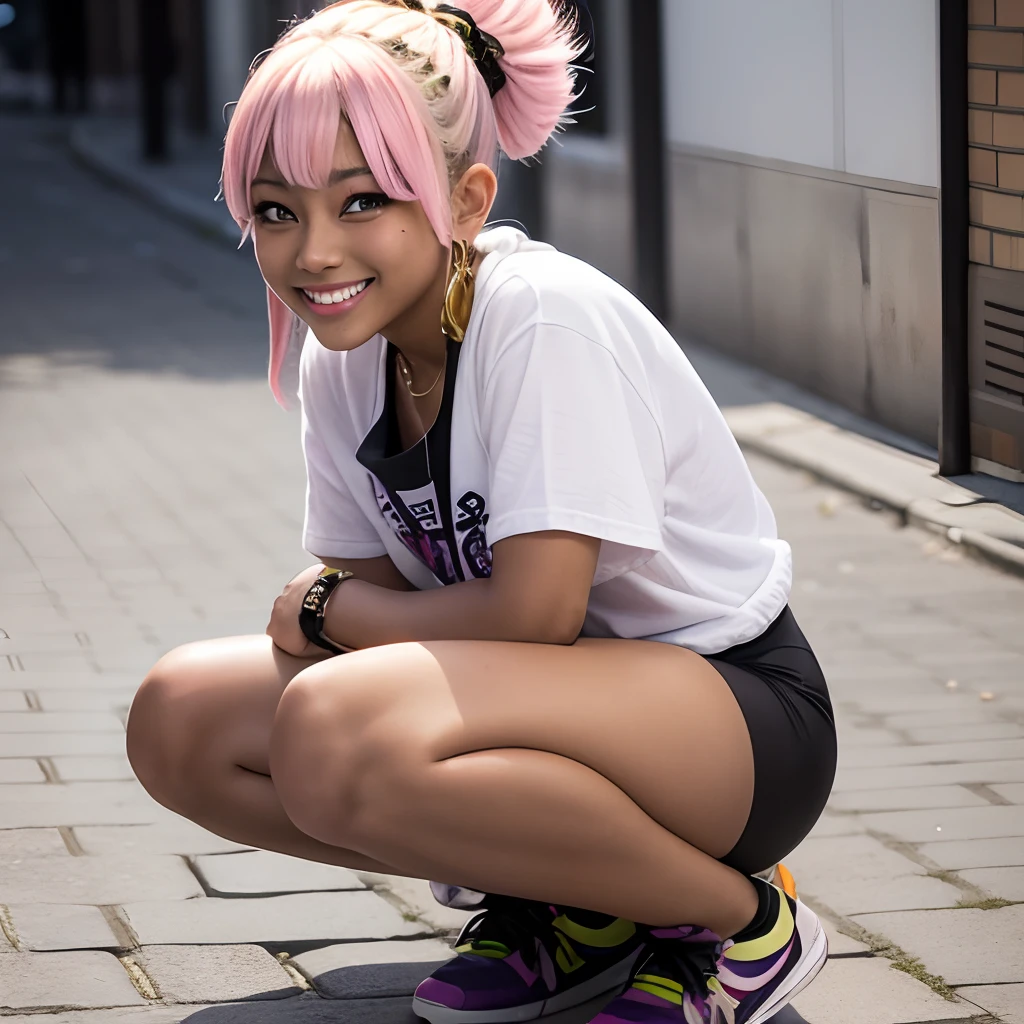 ganguro, smiling, street, adult, crouching, looking up at viewer
