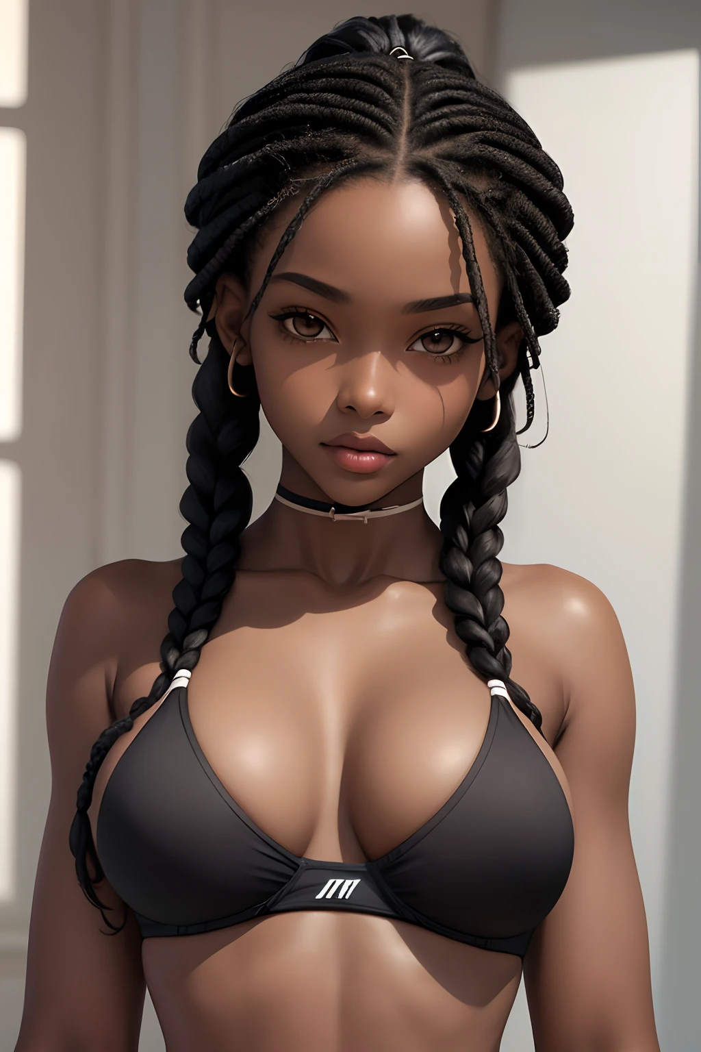 (masterpiece, best quality), deep ebony 1girl, beautiful face, freely hanging braids, sport bra, African