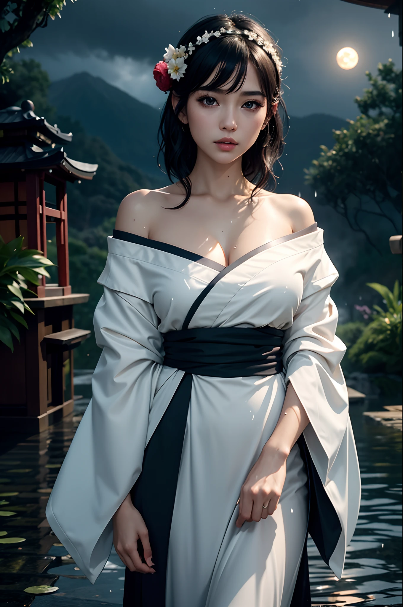 1 woman, breasts, moon, lantern, night, soil, big breasts, hair decoration, wet, kimono, Japanese clothing, water, flower, outdoor, sky, full moon, rain, black hair, off-shoulder, mountain, headband, bare shoulders, paper lantern, standing, white kimono, night sky, side chest, obi, wet clothes, bangs, tree, sideways, reflection, short hair, cloudy sky, wet hair ((巨作)، (Highly detailed background of the CG 8K module), Best Quality, Solo, One Girl, Cinematic Lighting, Detailed Background, Beautiful Detailed Eyes, Shiny Pupils, (Very delicate and beautiful)، (Photography of beautiful and detailed eyes)-Highly detailed, masterpiece,)))،