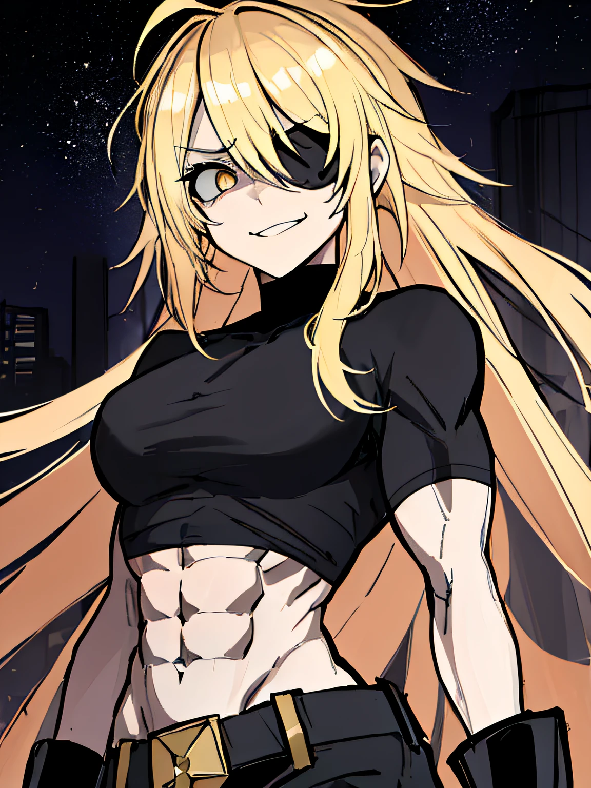 (absurdres, 8k, 4k, masterpiece, hyper extreme detailed:1.2), (masterpiece), best quality, expressive eyes, highres, perfect eyes, 1girl, perfect face, perfect hands, standing, belt, 1girl, blonde hair, eyepatch, perfect anatomy, eyepatch, long hair, platinum blonde hair, muscular, toned body, strong, empty eyes, blank stare, crazy face, crazy eyes, crazy smile, gloves, black t- shirt, small, golden eyes, deadpan, expressionless, shaded face, messy hair, crazy hair, city background, heroic, half body, cowboy shot, night time, stars, night sky, hand on head, abs, midriff,