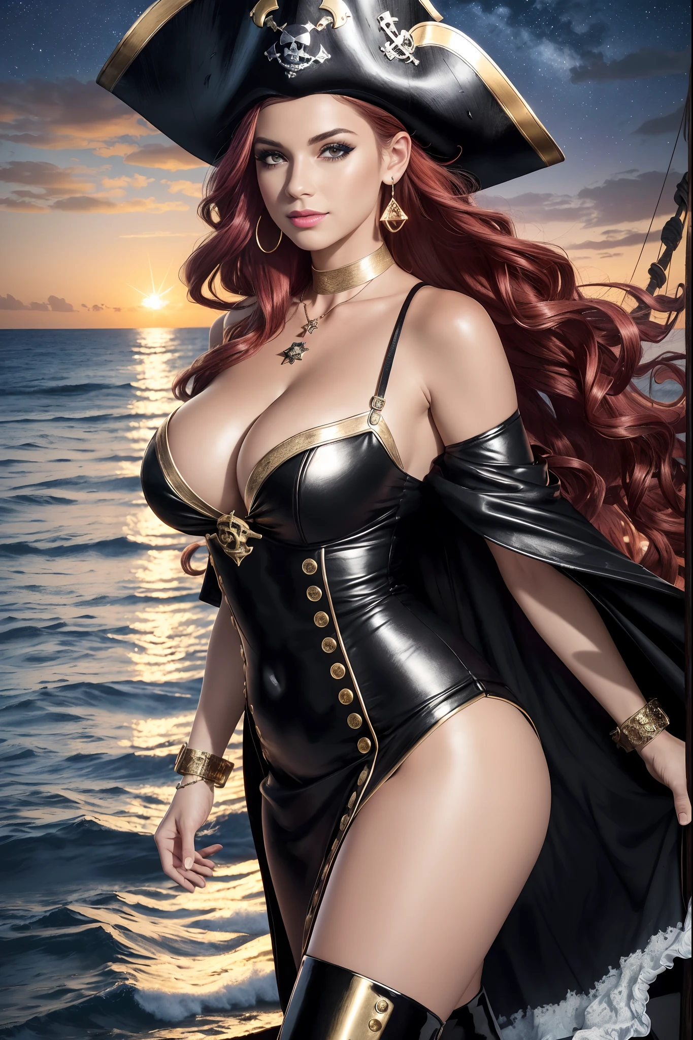 (best quality,4k,8k,highres,masterpiece:1.2),ultra-detailed,(realistic,photorealistic,photo-realistic:1.37),colorful, vibrant, (intense sunset, vibrant sunset:1.1), sexy pirate girl:1.1, on pirate ship, at sea, naughty smile, seductive eyes, flowing red hair, bold and confident stance, beautiful detailed eyes, beautiful detailed lips, long eyelashes, revealing outfit, low-cut dress, cleavage, shiny leather boots, pirate hat, gold earrings, dramatic lighting, starry night sky, moonlit sea, strong winds, crashing waves, adventurous atmosphere, large breasts, cleavage, oily skin