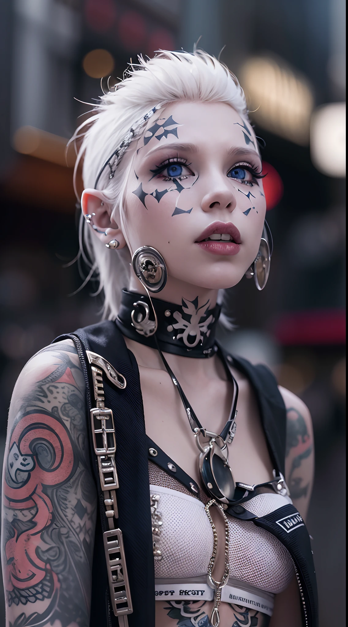 The prompts for the first theme are as follows:
"(Best Quality, 8K, 32K, masutepiece:1.3), Ultra-detailed, (Photorealistic:1.4), white colors, albino, Punk Girl, Detailed eyes, Upper body, Luxurious punk hair, Edgy punk fashion, Avant-garde makeup, Numerous piercings, Heavily tattooed body, Street background, Backlight effect, Shallow depth of field, Blurry background"