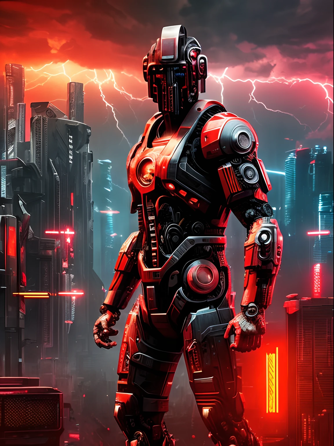 Closeup view of an armed half human cyborg, across the view of a devastated metropolis, 3D; apocalyptic retro cyberpunk; heavy thunderstorms; red color splash; dynamic color-field; dynamic action poses; cyclorama effect; ultra realistic, cinematic lighting