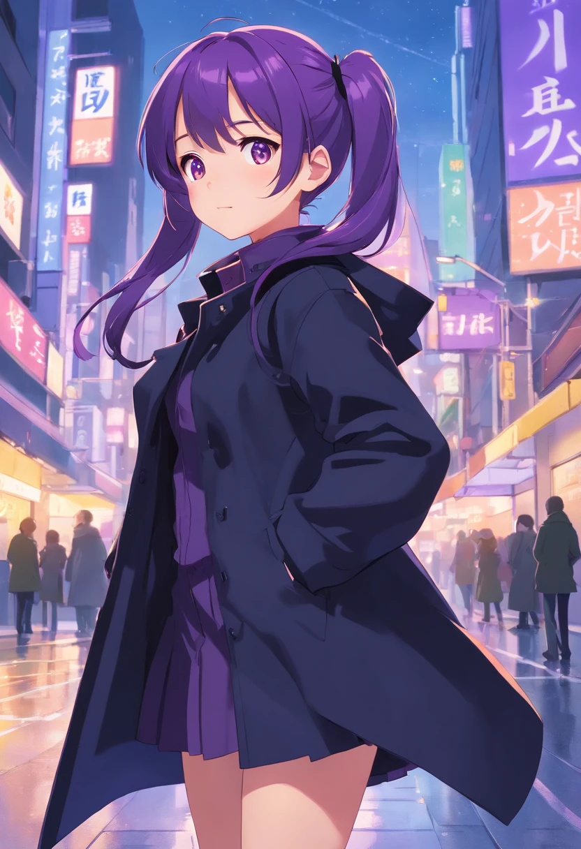 Cute li, long purple double ponytails, wearing oversized black coat