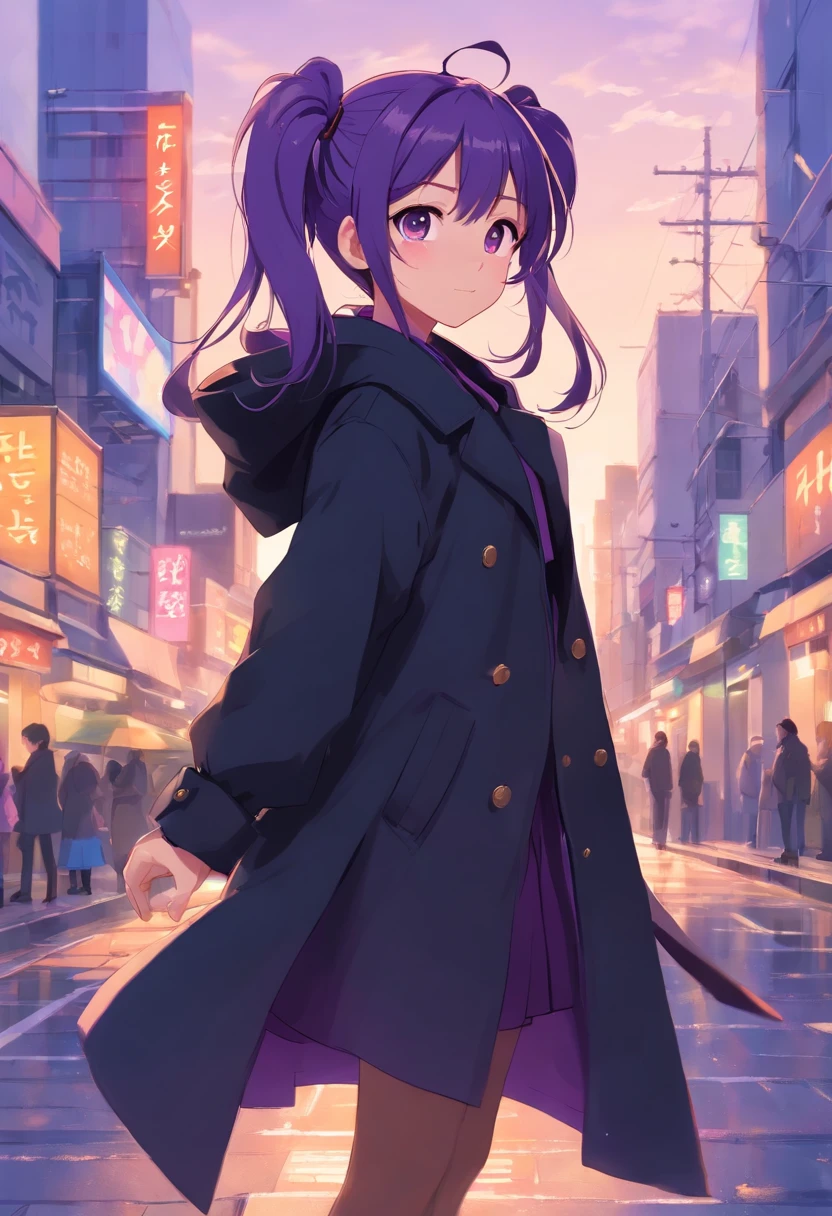 Cute li, long purple double ponytails, wearing oversized black coat