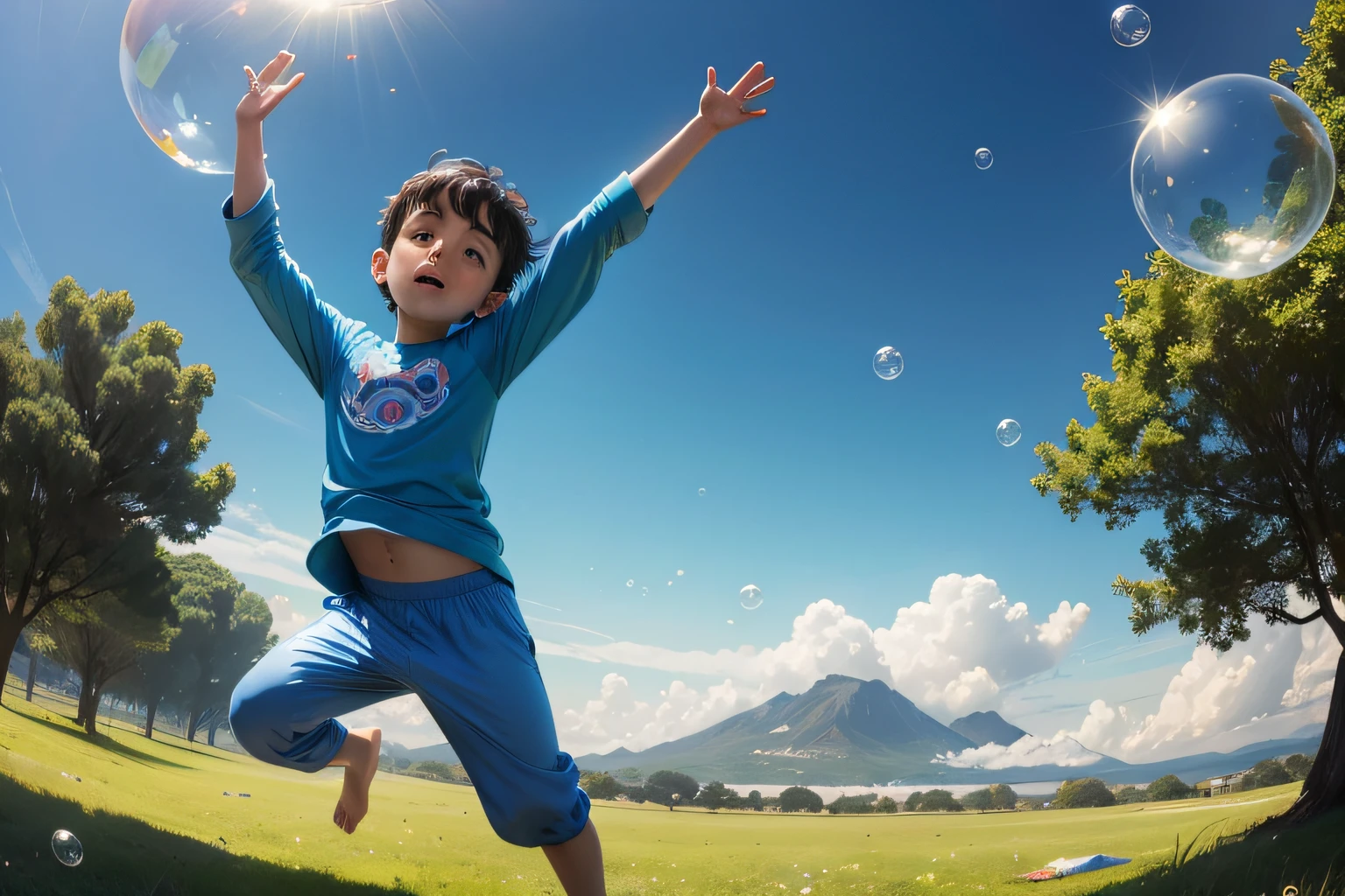 Estilo Pixar, Depois do que parecia uma eternidade, The bubble finally touched the ground. Tim o menino de 12 anos vestindo pijamas azuis, Didn't waste a moment and jumped out, da enorme transparente , Chlorine Soap Bubble, pousada na grama macia. The bubble stayed in the grass behind him