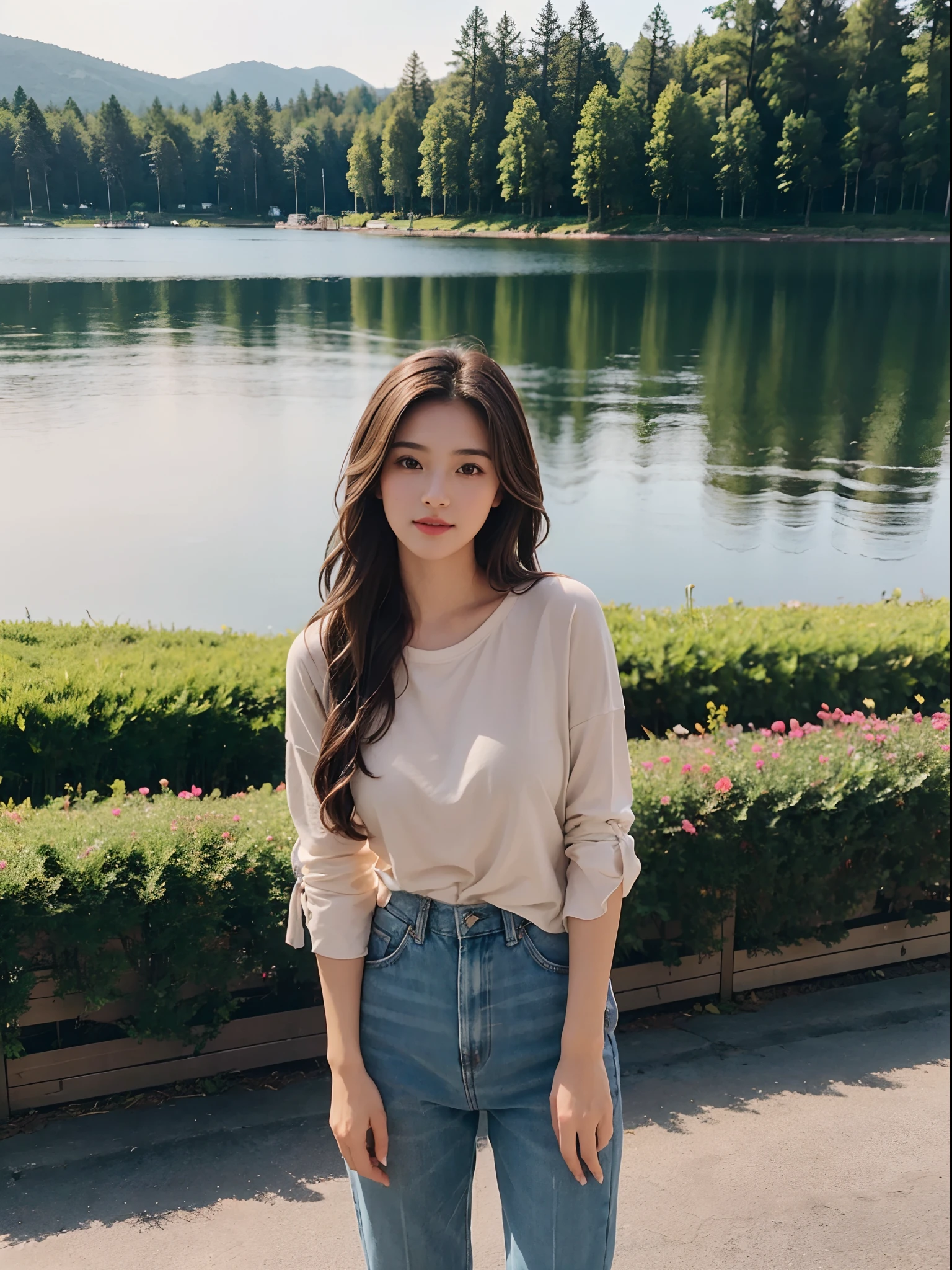 (( profesional photo)), ((Position for the photo)), Beauty, young girl from usa, long wavy dark brown hair, , instagram post, realistic backgraund, casual clothes, medium breasts, Retail Background, lake landscape in the background,
