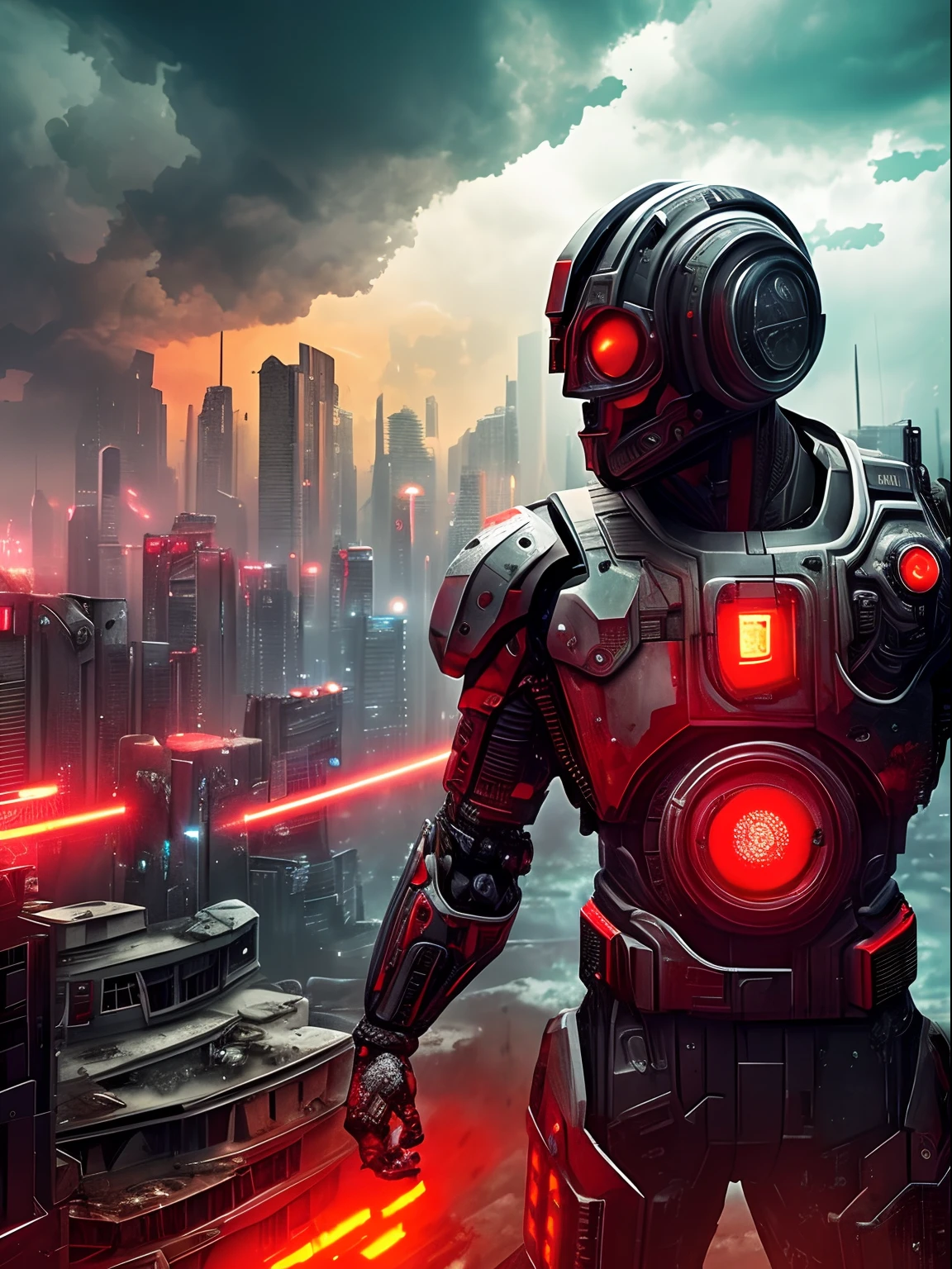 Closeup view of an armed half human cyborg, across the view of a devastated metropolis, 3D; apocalyptic retro cyberpunk; heavy thunderstorms; red color splash; dynamic color-field; dynamic action poses; cyclorama effect; ultra realistic, cinematic lighting