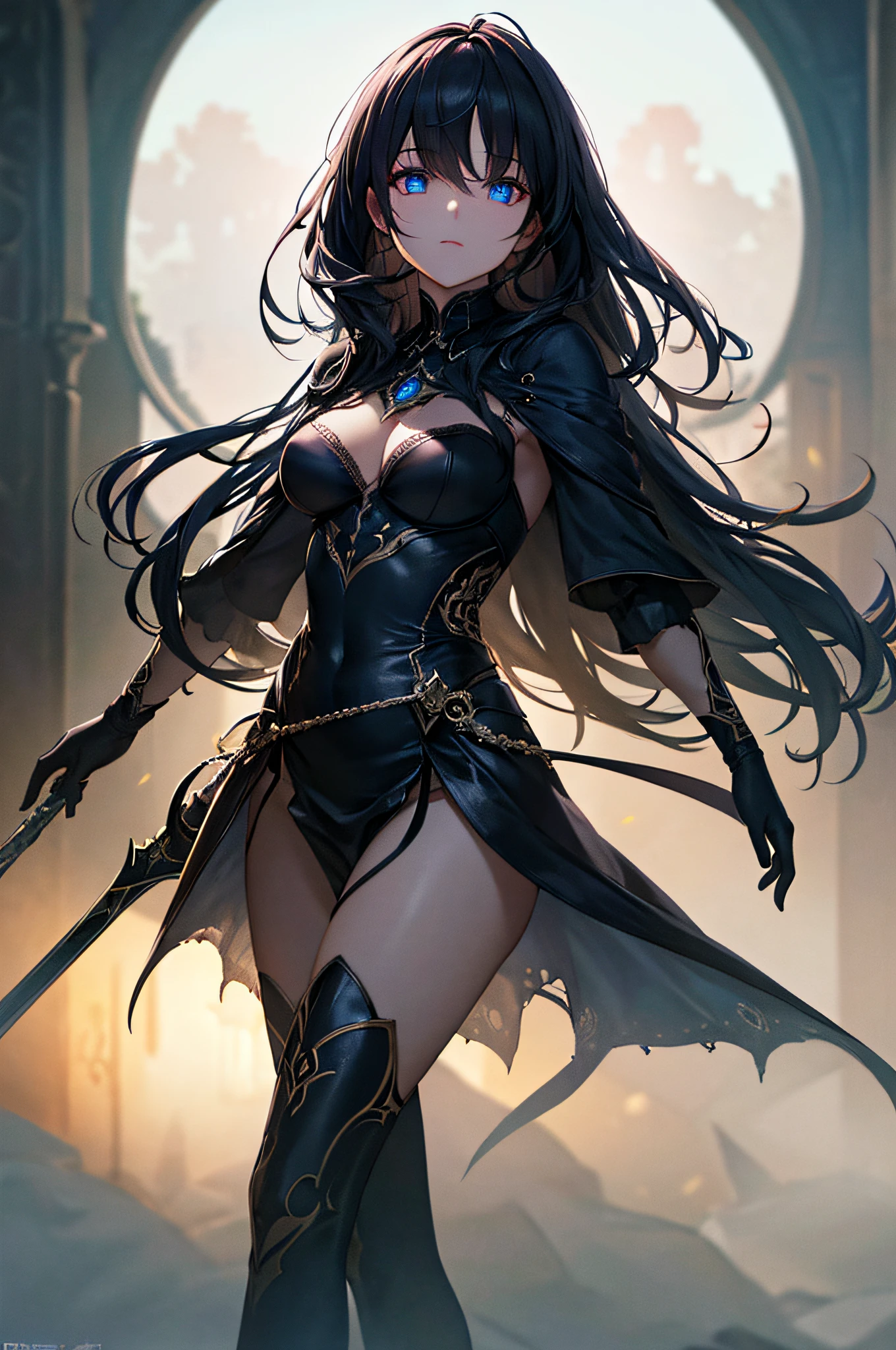 ultra detailed, realistic, vivid colors, dark ambiance, glowing eyes, haunting beauty, enchanting pose