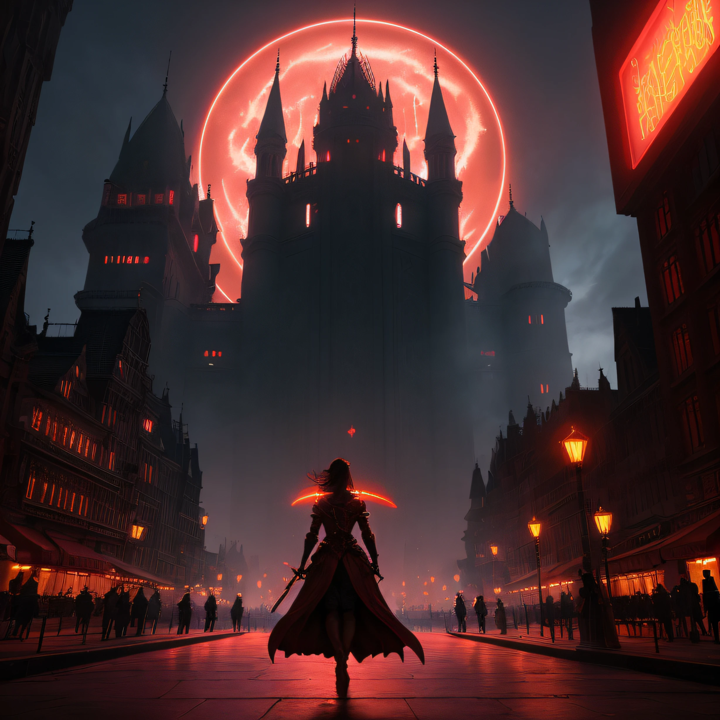 The city of dreams, illuminated by a mesmerizing smooth red light that seems to dance across its streets and buildings. In the center stands a magnificent ivory tower, its intricate details and grandeur drawing the eye. And in the foreground, a lone figure stands wearing light armor and helding two short swords, her silhouette a symbol of the fearless and resolve facing the tower head on. Fantasy Setting