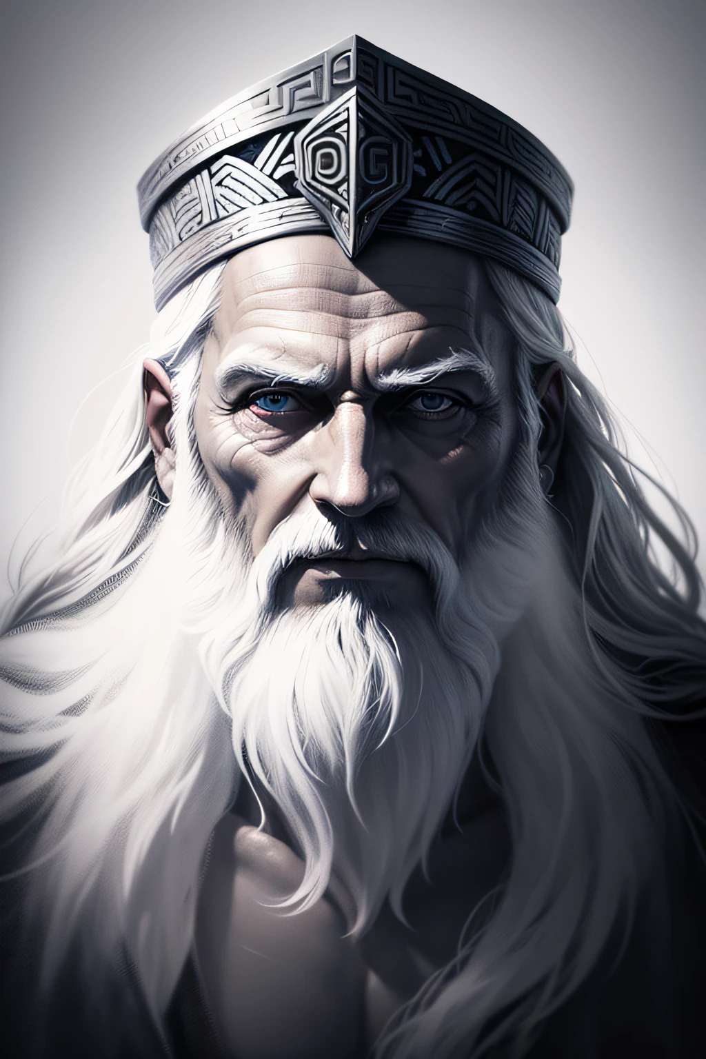 uma pintura de um homem com barba e capuz, Retrato pintado de Odin acidentado, airbrush on canvas, Odin, monochromatic airbrush painting, arte aerada, arte aerada suave, Retrato Saruman, Retrato Zeus, pintura aerada;, Norse God, imagem do avatar, airbrush art, Hziulquoigmnzhah, O Allfather