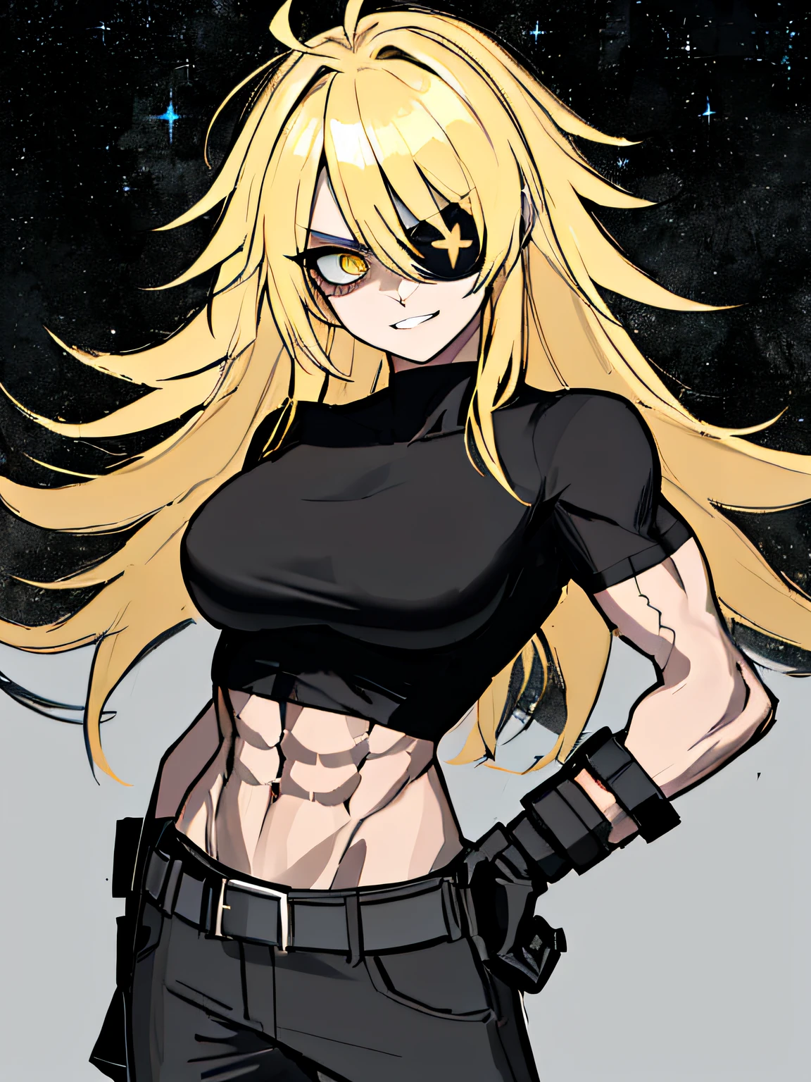 The woman has a voluptuous and athletic body, with a notable musculature that stands out in each of its extremities. His arms and legs are strong and defined., Demonstrating his great physical capacity and endurance. Her chest is large and is wrapped in bandages that not only cover her breasts, but also reveal their powerful shoulders and abdomen., which is marked with firm and defined muscles. His skin is adorned with several tattoos or black marks that run across his body., adding a touch of mysticism and ferocity to your appearance.

Regarding his clothing, He wears wide trousers reminiscent of a traditional Japanese hakama., which gives it an imposing and distinctive air. These wide-leg pants allow you to move freely while emphasizing the strength of your legs.. On top, The bandages that wrap around his chest extend to cover part of his back as well., leaving the rest of his torso exposed and showing off his formidable muscles.

His face is partly covered by a partial mask that hides a portion of his face., intensifying its air of mystery and danger. The eyes that peek out from behind the mask are piercing and full of determination., complementing his generally confident and defiant expression. His hair is long and messy, falling in loose waves over her shoulders and back. The natural messiness of her hair gives her a wild and unrestrained appearance., reinforcing her image as an indomitable warrior.

In addition to his clothing and tattoos, She wears long earrings that add an extra touch of rugged elegance to her look.. Every detail in his appearance contributes to the image of a formidable and dominant figure., a woman who combines physical strength, mystery and a fierce appeal that can&#39;t be ignored. His presence is powerful and intimidating., making it clear that he is someone who should not be underestimated.