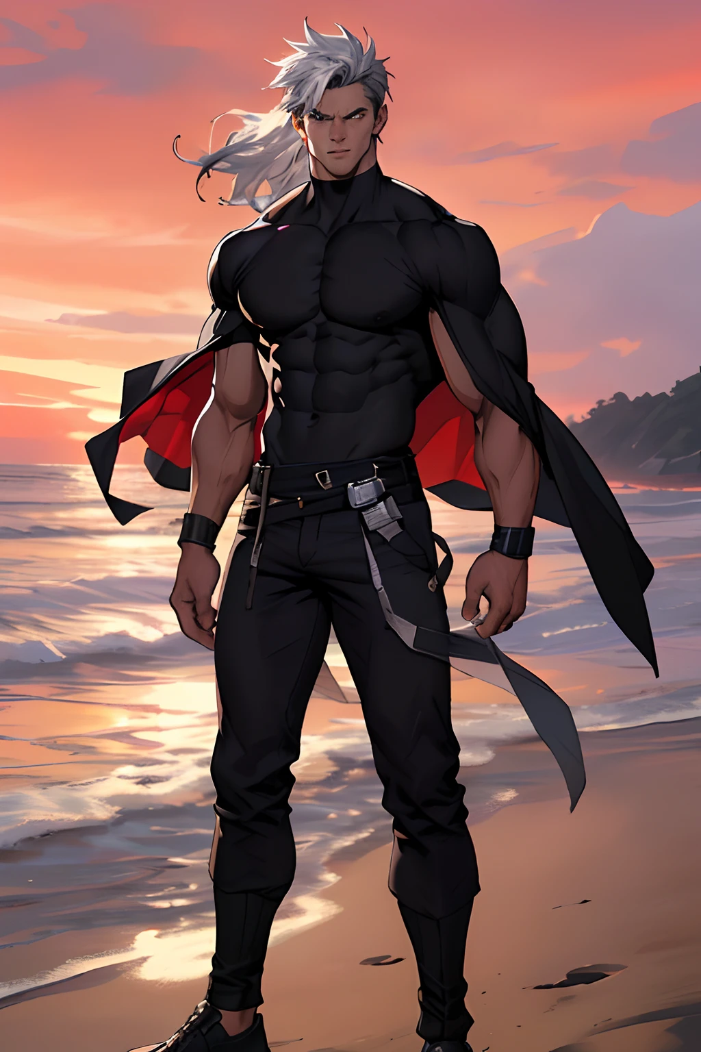 He's a guy, yo, His height is 1.83, High Park, white skin color, Black Eyes, Marked Eyes, A well-defined athletic body, full body vision, Without outerwear, in black strappy trousers with silver buckle. Posture of superiority, is looking at the camera, A Serious Challenge, Piercing Battle Gaze, Definition in the Body, shape, max detail, in 4K, Well-defined and trained muscles, Trouser pocket, Details, mid length hair,, Hair with movement in the wind,  Masterpiece., On the background of the beach with a red sky