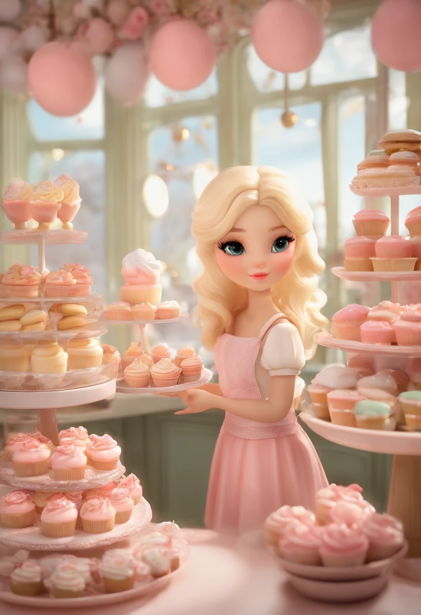 masterpiece, highly detailed, (chibi:1.3), , (1girl), blonde hair, pastel colors, cozy atmosphere, dessert display case, macarons, cupcakes, tarts, cakes, coffee machine, chalkboard menu, natural lighting, glass jars filled with candy, frosted window panes, decorative plates, whimsical decor, sugar sculptures,