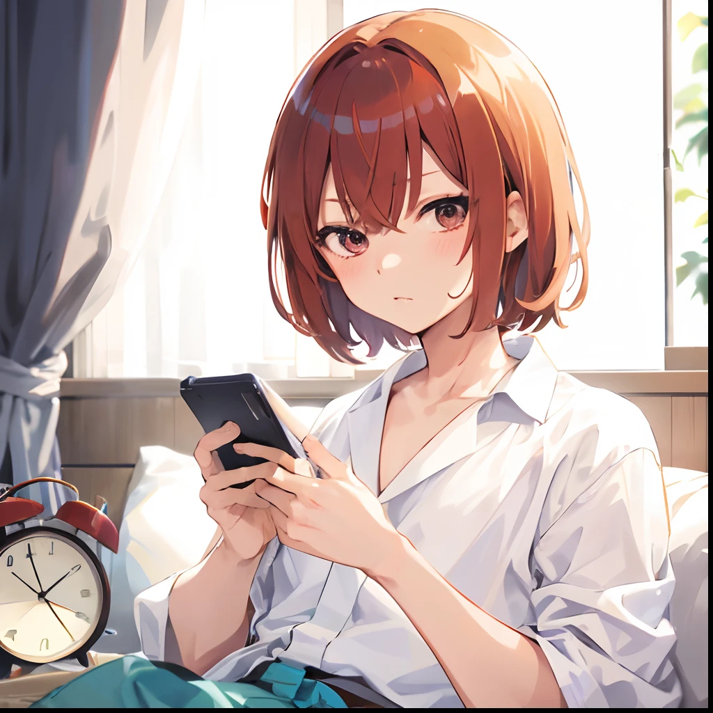 Japanese anime, beautiful young man, chestnut hair, bobbed hair, morning, operating a phone in bed, sleepy face, window, alarm clock,