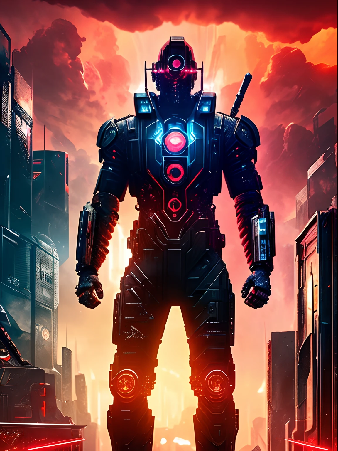 Closeup view of an armed half human cyborg, across the view of a devastated metropolis, 3D; apocalyptic retro cyberpunk; heavy thunderstorms; red color splash; dynamic color-field; dynamic action poses; cyclorama effect; ultra realistic, cinematic lighting
