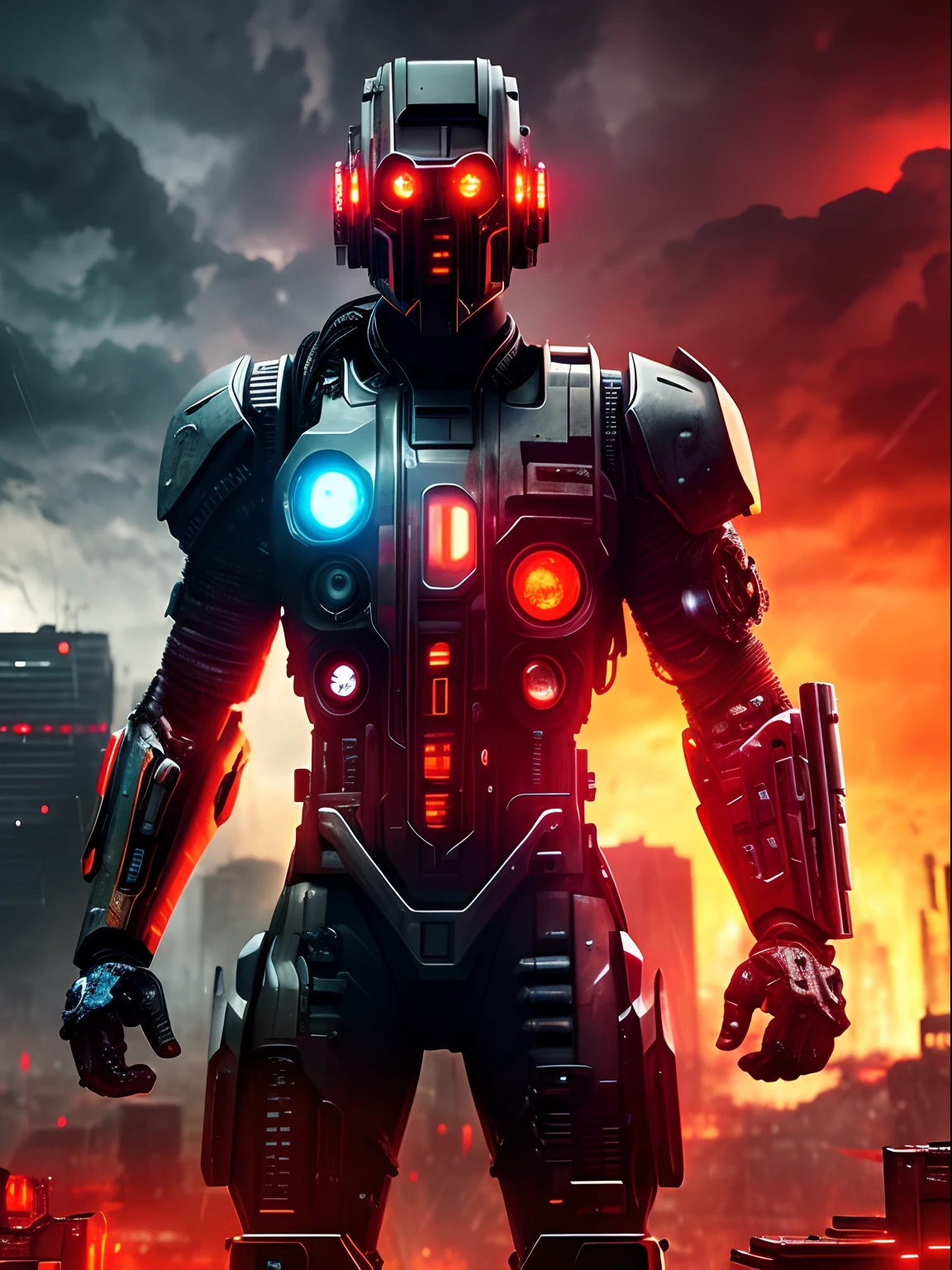 Closeup view of an armed half human cyborg, across the view of a devastated metropolis, 3D; apocalyptic retro cyberpunk; heavy thunderstorms; red color splash; dynamic color-field; cyclorama effect; ultra realistic, cinematic lighting