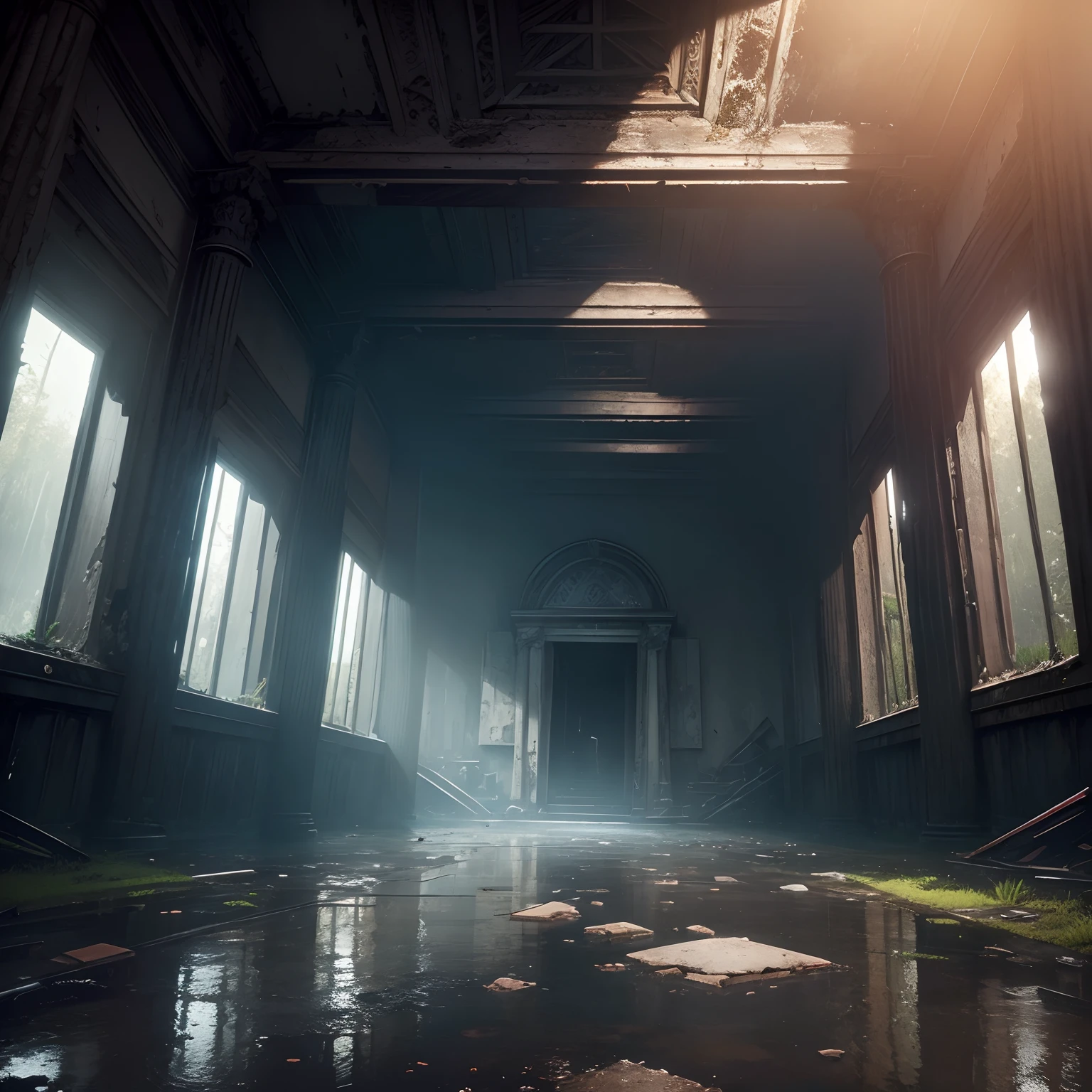 (best quality, masterpiece),( dark sky, heavy rain, inside abandoned temple, low water level stagnant water, ), realistic background, 2112, light*_black_particle,