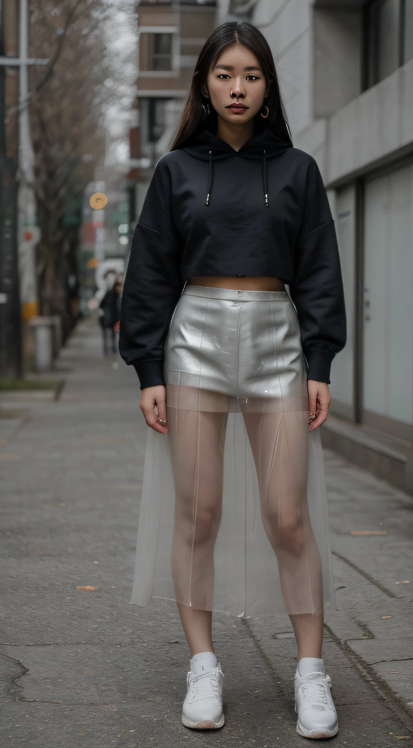 Korea's Extravagant Clothing, Young Korean Woman, hooded sweatshirt, Eco leather, Long assemetrical skirt, Transparent Shoes, Neo-Futurism style, fashionable, Metropolis around, ultradetail, A hyper-realistic