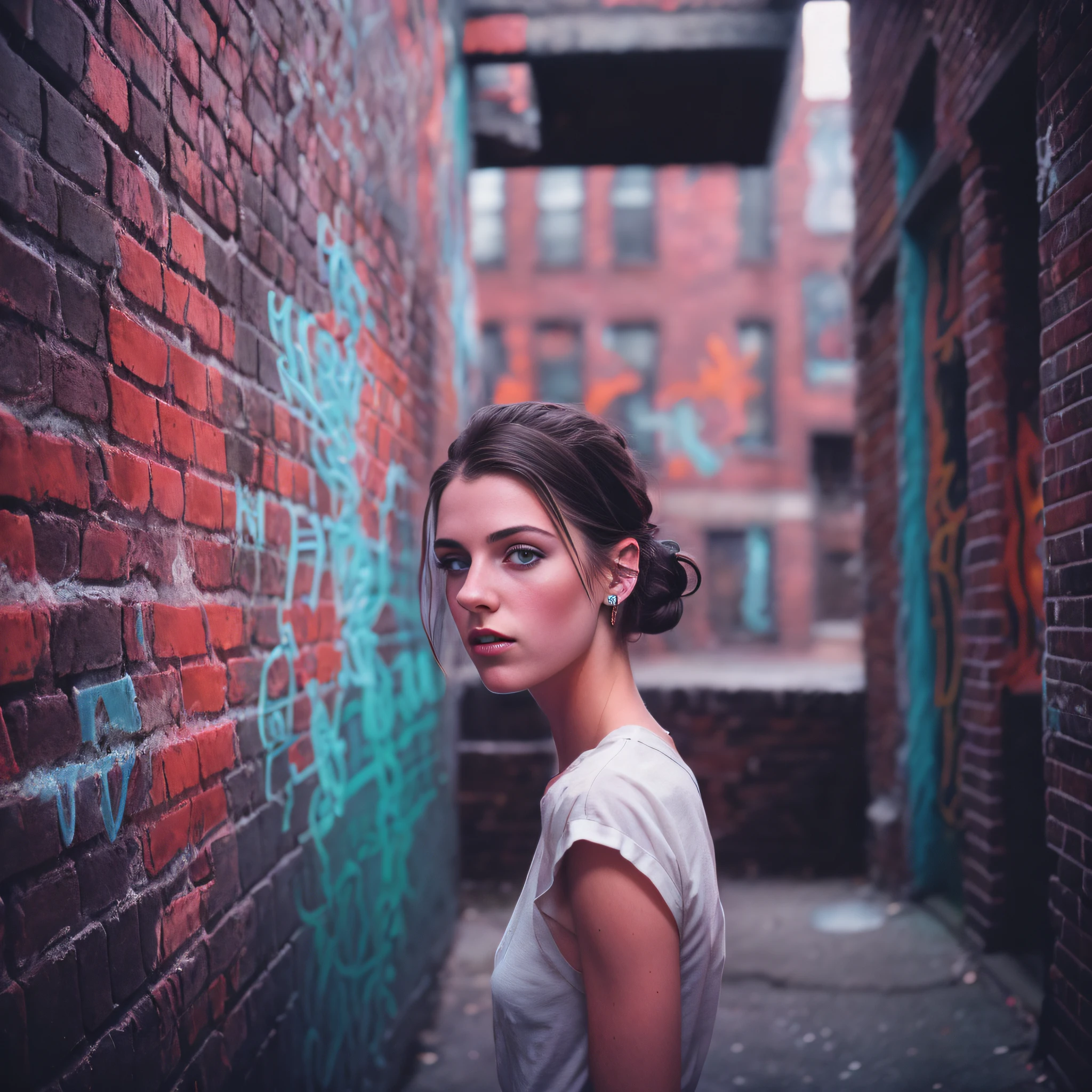 Sexually enthusiastic photo by Richard Kern of a 14-year-old extremely attractive girl, erotically suggestive face. Dark hair in simple bun. Brick wall with colored graffiti, vogue, fashions. Highly detailed. Detailed face. Created by Joe McNally. Best photography with world awards. Leica M6, cinematography, volumetric light.