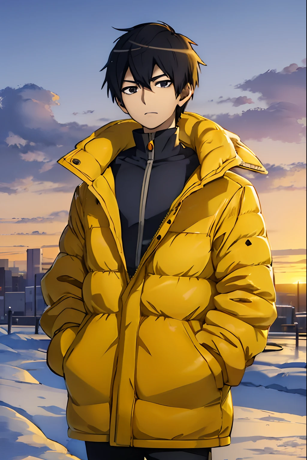 Anime boy in yellow jacket standing in the snow with sunset in the background, anime moe artstyle, arte anime de alta qualidade, Kentaro Miura estilo de arte, kentaro miura manga art style, Makoto Shinkai Estilo de Arte, Estilo Makoto Shinkai, jovem homem de anime, estilo de arte de anime, Makoto Shinkai ( apex legends ), pose de anime bonito