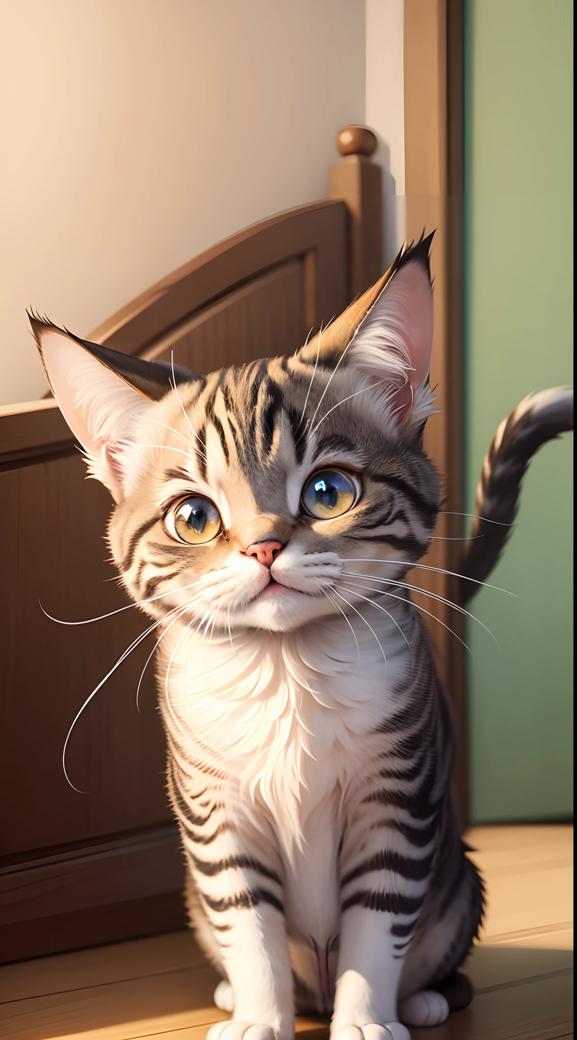 animation featuring an extremely cute cat named Whiskers. Whiskers a de grands yeux brillants et de magnifiques moustaches. This cat can speak the language of humans fluently. Dans l'animation, show Whiskers in funny situations where he talks with other animals, Solve problems or share wise life tips with characters. Make sure Whiskers is both charming and funny, and that her facial expression and movements are very expressive for maximum cuteness.