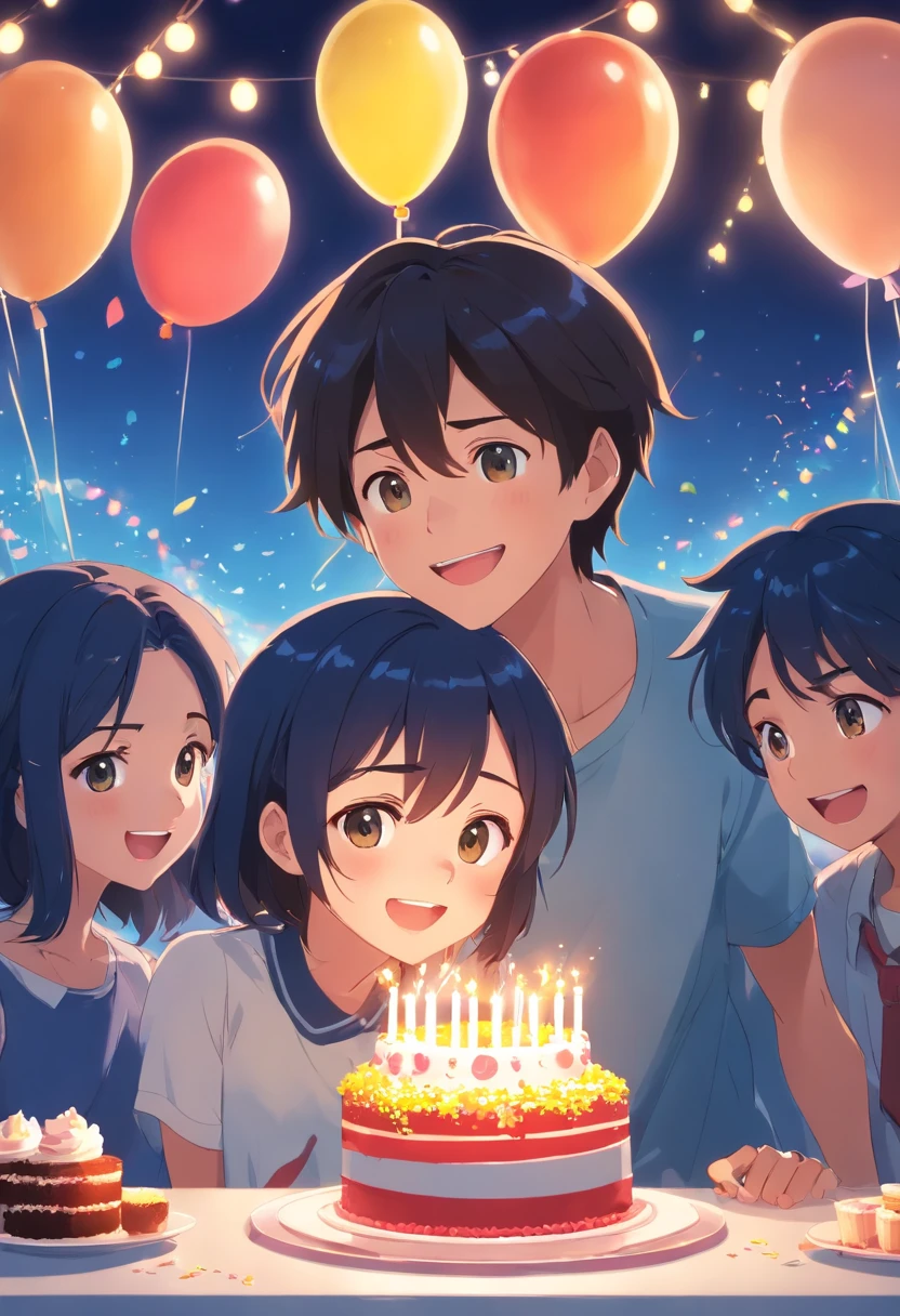 Best quality, 1girl, 1boy, happy, surprise, birthday party, cake