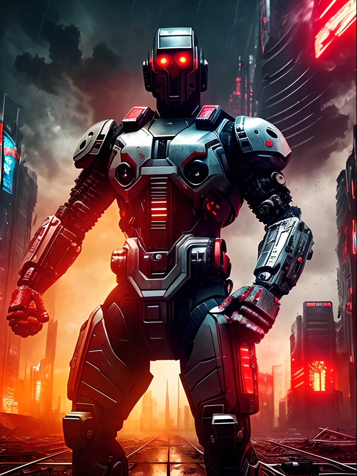 Closeup view of an armed half human cyborg, across the view of a devastated metropolis, 3D; apocalyptic retro cyberpunk; heavy thunderstorms; red color splash; dynamic color-field; cyclorama effect; ultra realistic, cinematic lighting