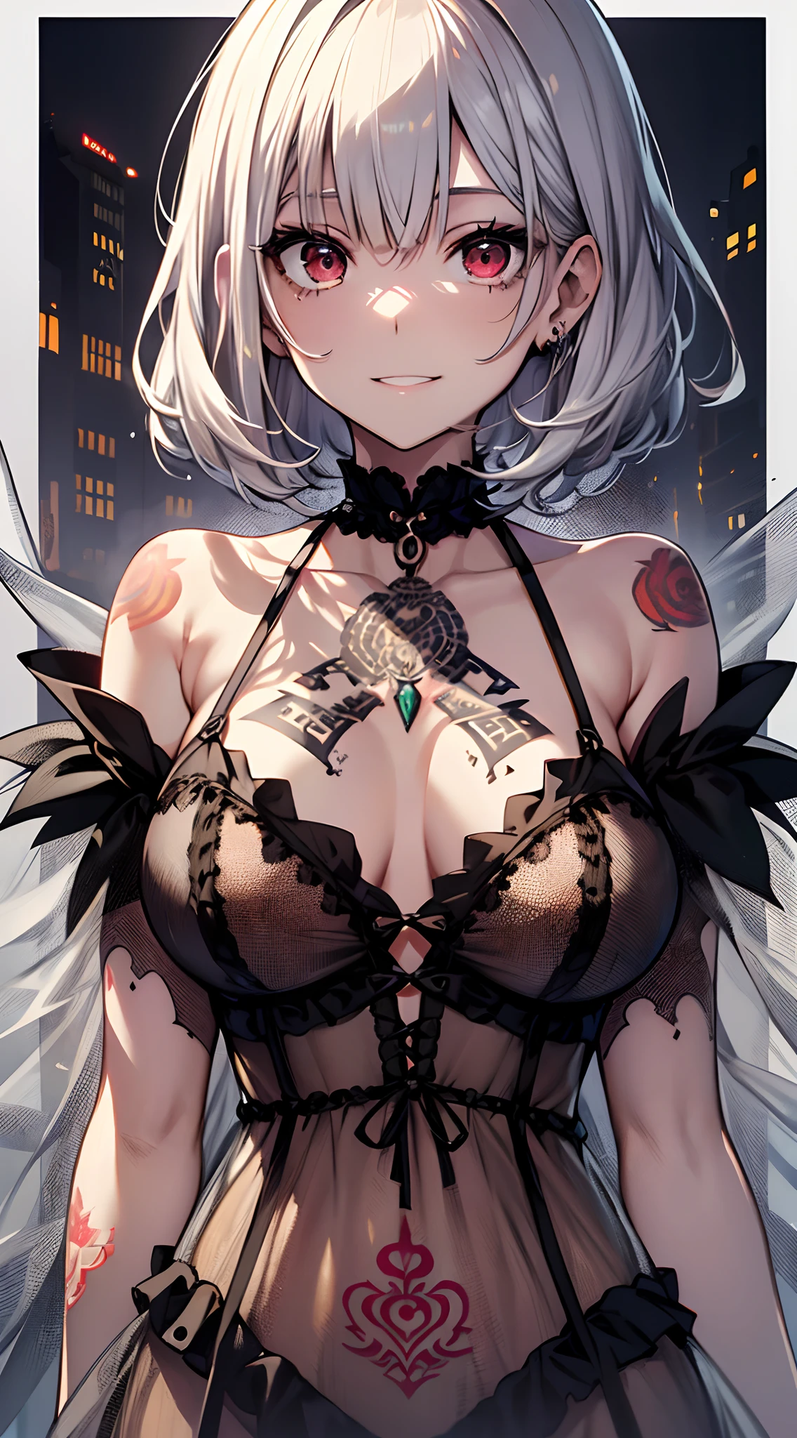 top-quality、Top image quality、in 8K,4K,masterpiece、(NSFW:1.1)、ultra-detailliert、Beautiful、ultra-quality、adult-like、Cool、girl with(((18year old、negligee:1.5、Bust 78、silber hair、a short bob、Red Eyes、erotick:1.4、Happiness、The tattoo)))、hiquality、visualart、Background with((Halloween 1.3))、masutepiece