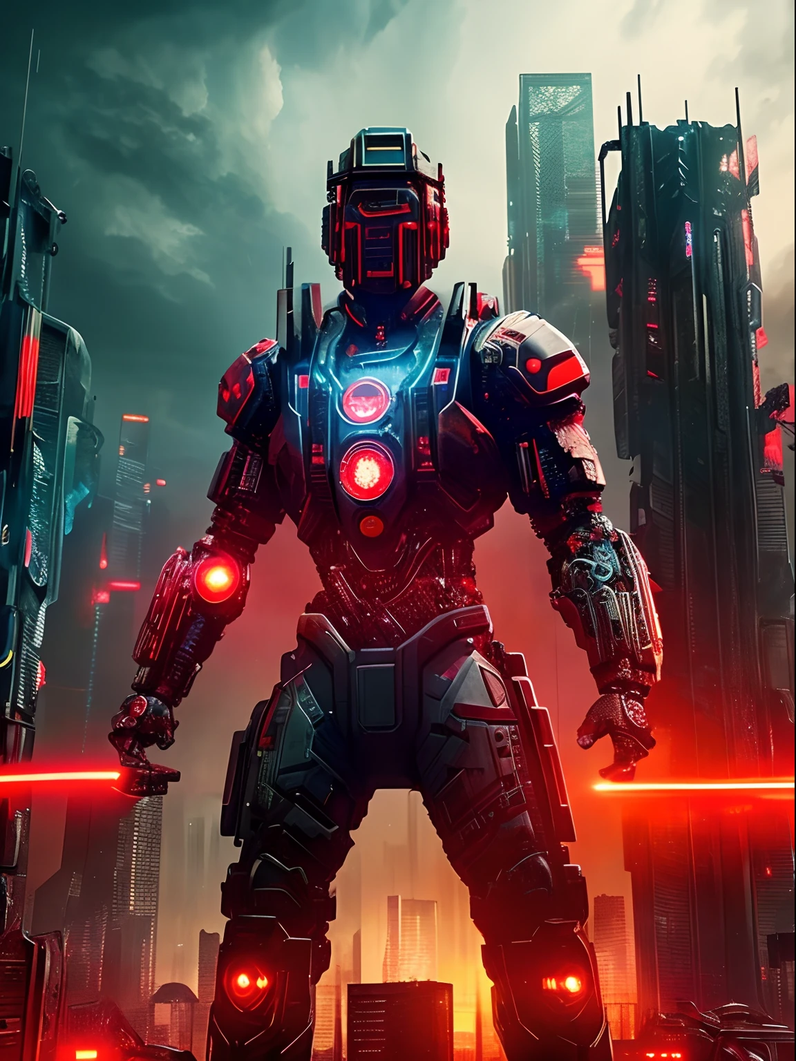 Closeup view of an armed half human cyborg, across the view of a devastated metropolis, 3D; apocalyptic retro cyberpunk; thunderstorms; red color splash; dynamic color-field; cyclorama effect; ultra realistic, cinematic lighting