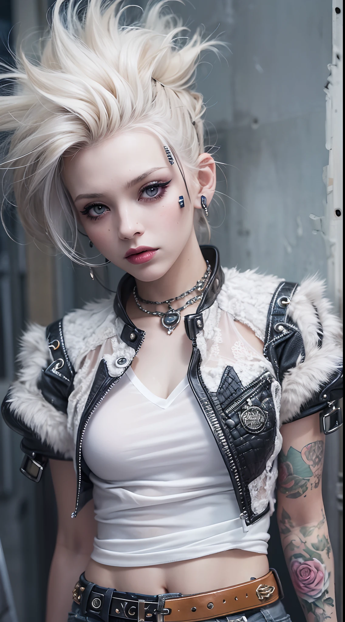 The prompts for the first theme are as follows:
"(Best Quality, 8K, 32K, masutepiece:1.3), Ultra-detailed, (Photorealistic:1.4), white colors, albino, Punk Girl, Detailed eyes, Upper body, Luxurious punk hair, Edgy punk fashion, Avant-garde makeup, Numerous piercings, Heavily tattooed body, Street background, Backlight effect, Shallow depth of field, Blurry background"