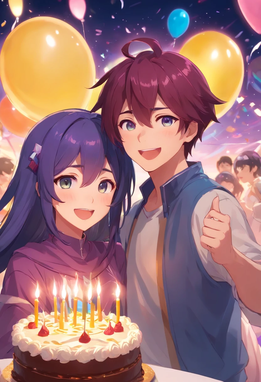 Best quality, 1girl, 1boy, happy, surprise, birthday party, cake, xayah, rakan, League Of Legends