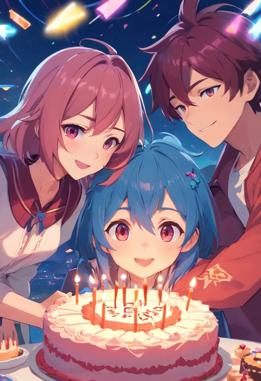 make a picture of the characters from the game Grand Chase celebrating a birthday