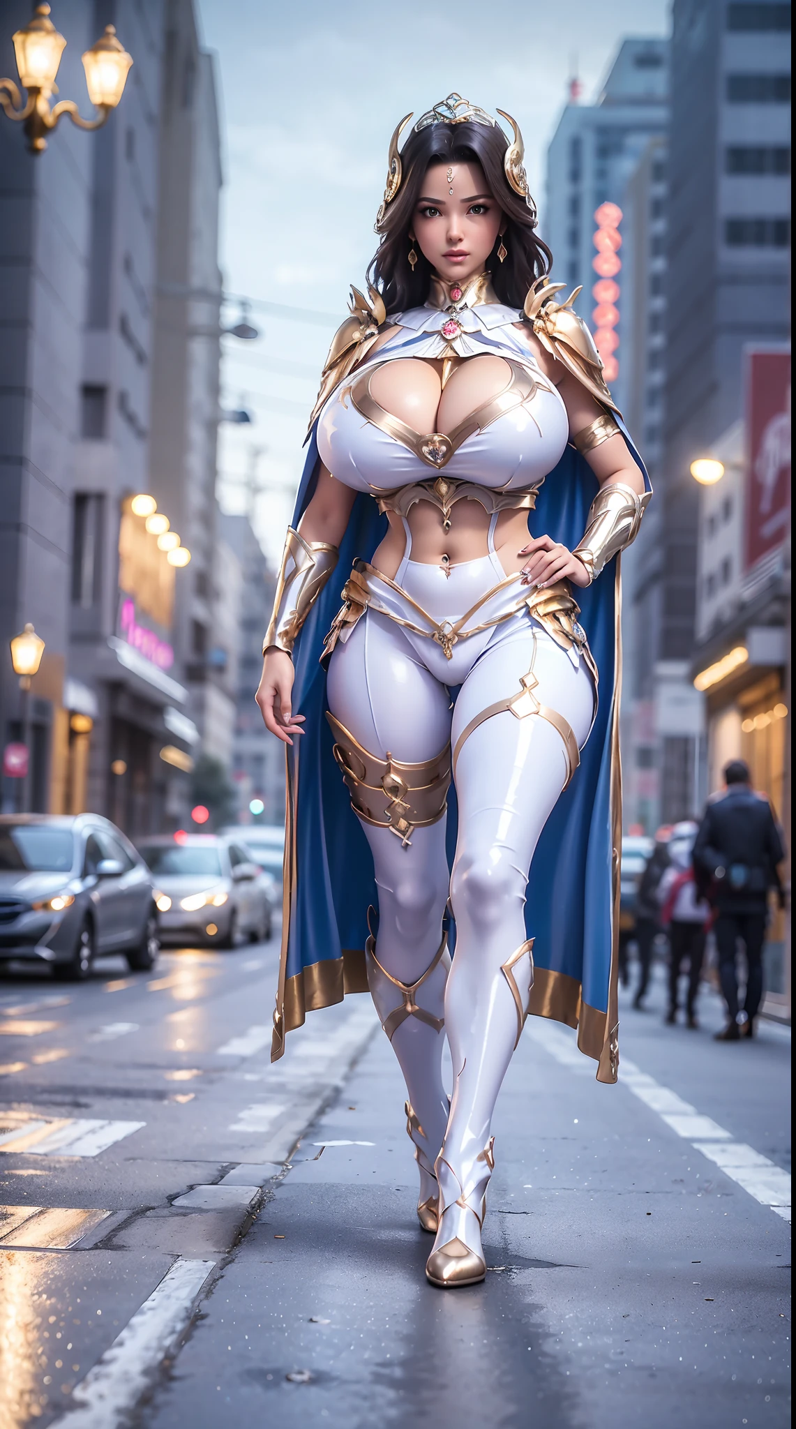 1GIRL, SOLO, (DARK HAIR, HAIR ORNAMENT), (HUGE FAKE BOOBS:1.3), (light blue, white, gold, SEXY FUTURISTIC LATEX BRA, ROYAL CAPE, CLEAVAGE:1.5), (SKINTIGHT YOGA PANTS, HIGH HEELS:1.2), (SEXY BODY, SEXY LONG LEGS, FULL BODY:1.3), (FROM FRONT, LOOKING AT VIEWER), (WALKING DOWN ON STREET NIGHT CITY:1.3), ULTRA HIGHT DEFINITION, 8K, 1080P.