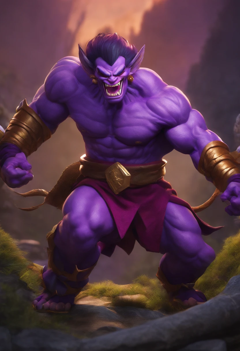 Imp, purple skin, muscular, sharp teeth, in the style of toriyama