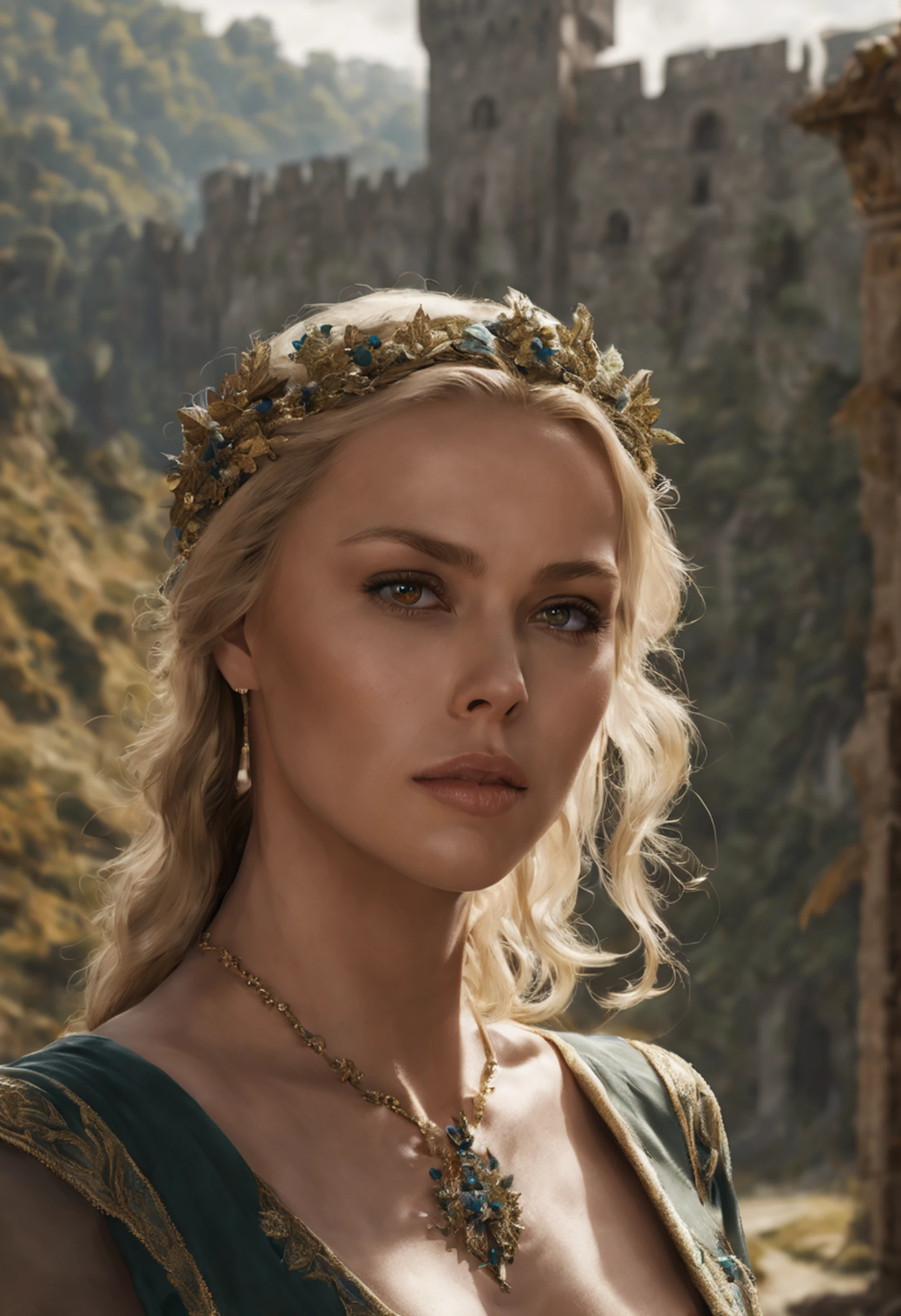 ((Charlize Theron), (Arwen)), estilo modelshoot, Parece Keira Knightley, (extremamente detalhado CG unidade 8k papel de parede), foto corporal completa da obra de arte mais bonita do mundo, Bruxa medieval inglesa, Vale Verde, pearl skin,coroa de ouro, ouros, Plano de fundo detalhado com arquitetura medieval, professional majestic oil painting by Ed Blinkey, Atey Ghailan, ghibli studio, Directed by: Jeremy Mann, Greg Manxadinho, Antonio Moro, trending on ArtStation, trending in cgsociety, intrincado, High detail, foco nítido, Dramatic, Arte de pintura fotorrealista de Midjourney e Greg Rutkowski