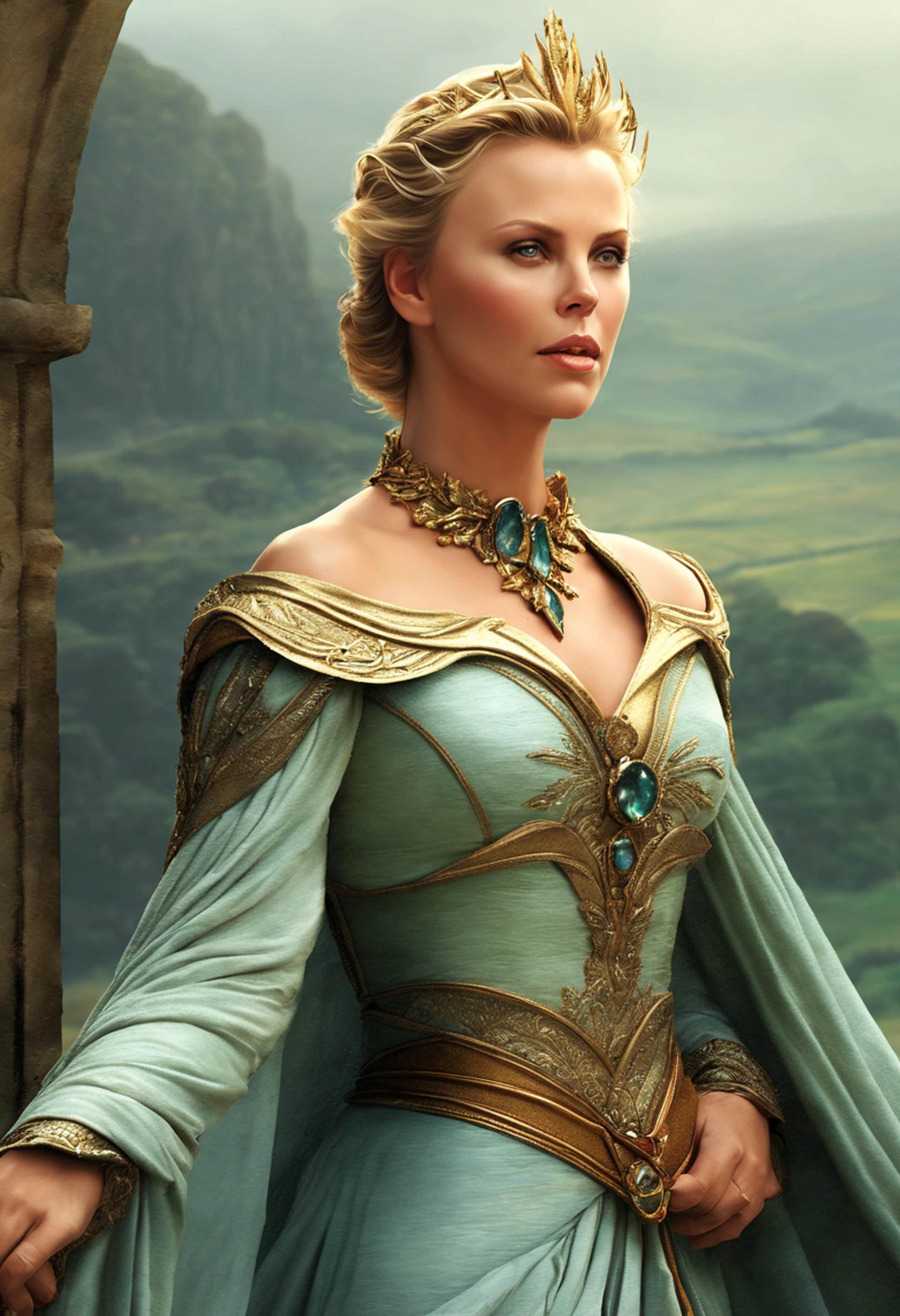((Charlize Theron), (Arwen)), estilo modelshoot, Parece Keira Knightley, (extremamente detalhado CG unidade 8k papel de parede), foto corporal completa da obra de arte mais bonita do mundo, Bruxa medieval inglesa, Vale Verde, pearl skin,coroa de ouro, ouros, Plano de fundo detalhado com arquitetura medieval, professional majestic oil painting by Ed Blinkey, Atey Ghailan, ghibli studio, Directed by: Jeremy Mann, Greg Manxadinho, Antonio Moro, trending on ArtStation, trending in cgsociety, intrincado, High detail, foco nítido, Dramatic, Arte de pintura fotorrealista de Midjourney e Greg Rutkowski