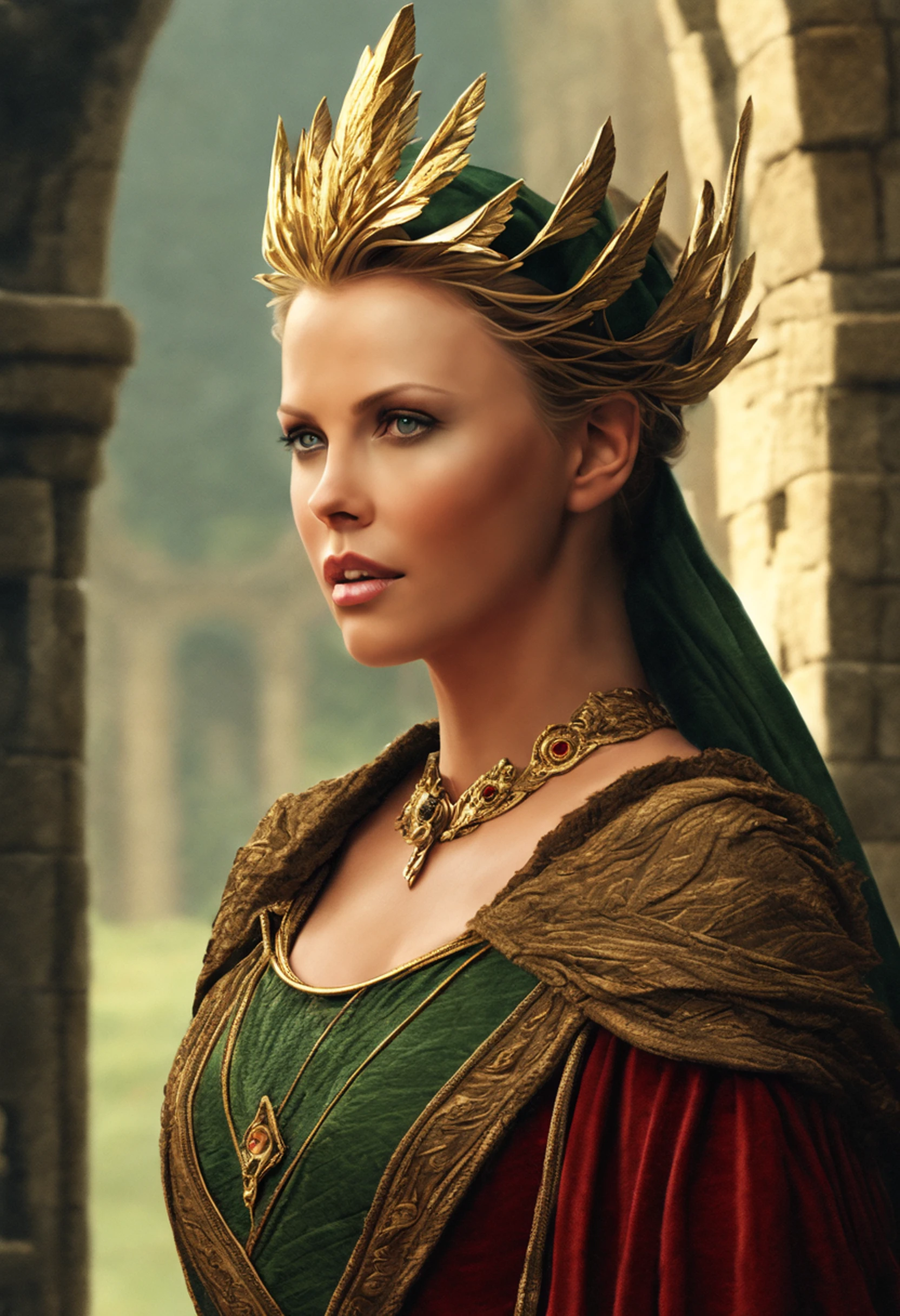 ((Charlize Theron), (Arwen)), estilo modelshoot, Parece Keira Knightley, (extremamente detalhado CG unidade 8k papel de parede), foto corporal completa da obra de arte mais bonita do mundo, Bruxa medieval inglesa, Vale Verde, pearl skin,coroa de ouro, ouros, Plano de fundo detalhado com arquitetura medieval, professional majestic oil painting by Ed Blinkey, Atey Ghailan, ghibli studio, Directed by: Jeremy Mann, Greg Manxadinho, Antonio Moro, trending on ArtStation, trending in cgsociety, intrincado, High detail, foco nítido, Dramatic, Arte de pintura fotorrealista de Midjourney e Greg Rutkowski