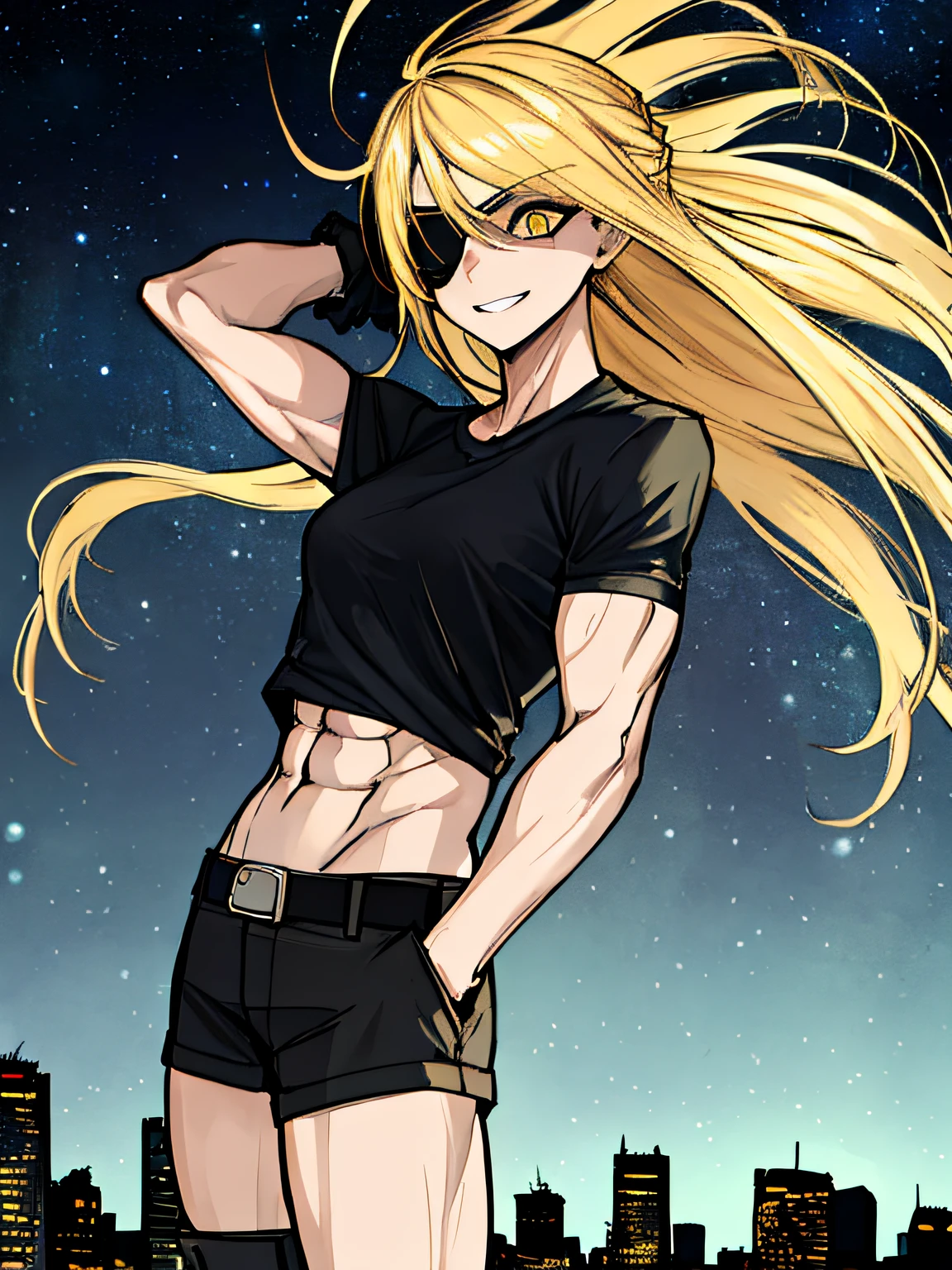 (absurdres, 8k, 4k, masterpiece, hyper extreme detailed:1.2), (masterpiece), best quality, expressive eyes, highres, perfect eyes, 1girl, perfect face, perfect hands, standing, belt, 1girl, blonde hair, eyepatch, perfect anatomy, eyepatch, long hair, platinum blonde hair, muscular, toned body, strong, empty eyes, blank stare, crazy face, crazy eyes, crazy smile, gloves, black t- shirt, small, golden eyes, deadpan, expressionless, shaded face, messy hair, crazy hair, city background, heroic, half body, cowboy shot, night time, stars, night sky, hand on head, abs, midriff, hands in pockets, wind, windy, black boots